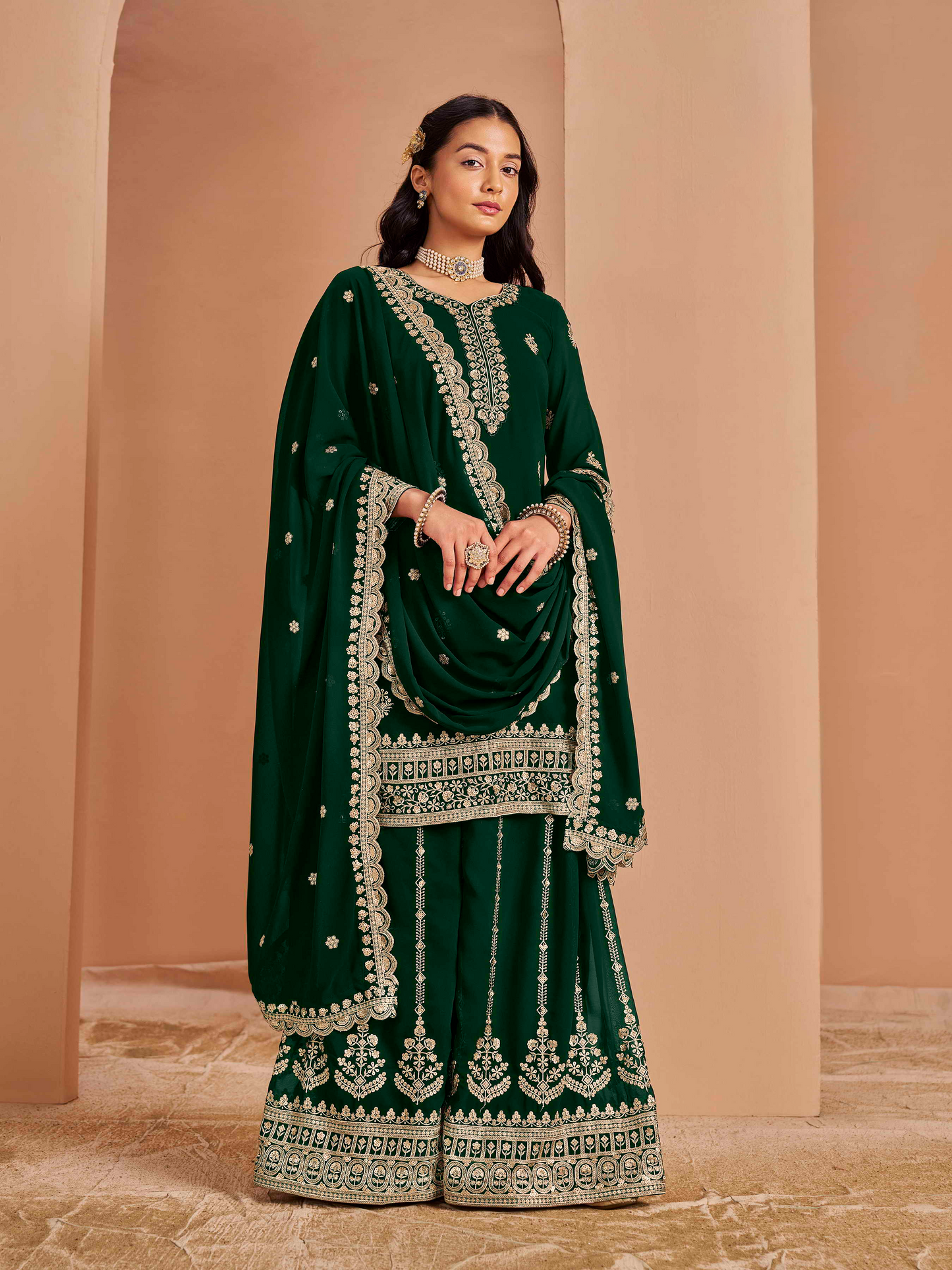 Embroidered Faux Georgette Palazzo Suit with Zari Lace Dupatta