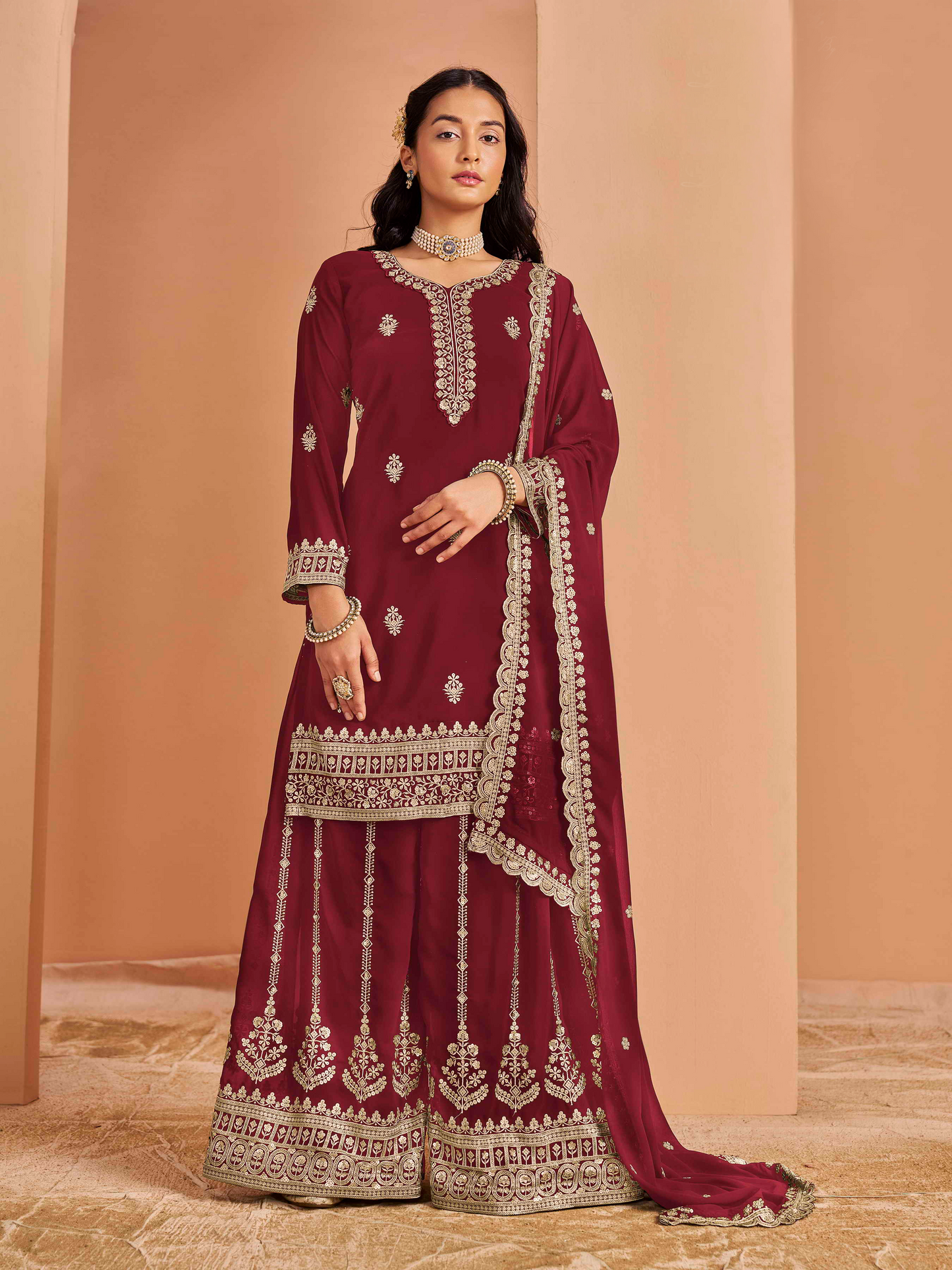 Embroidered Faux Georgette Palazzo Suit with Zari Lace Dupatta
