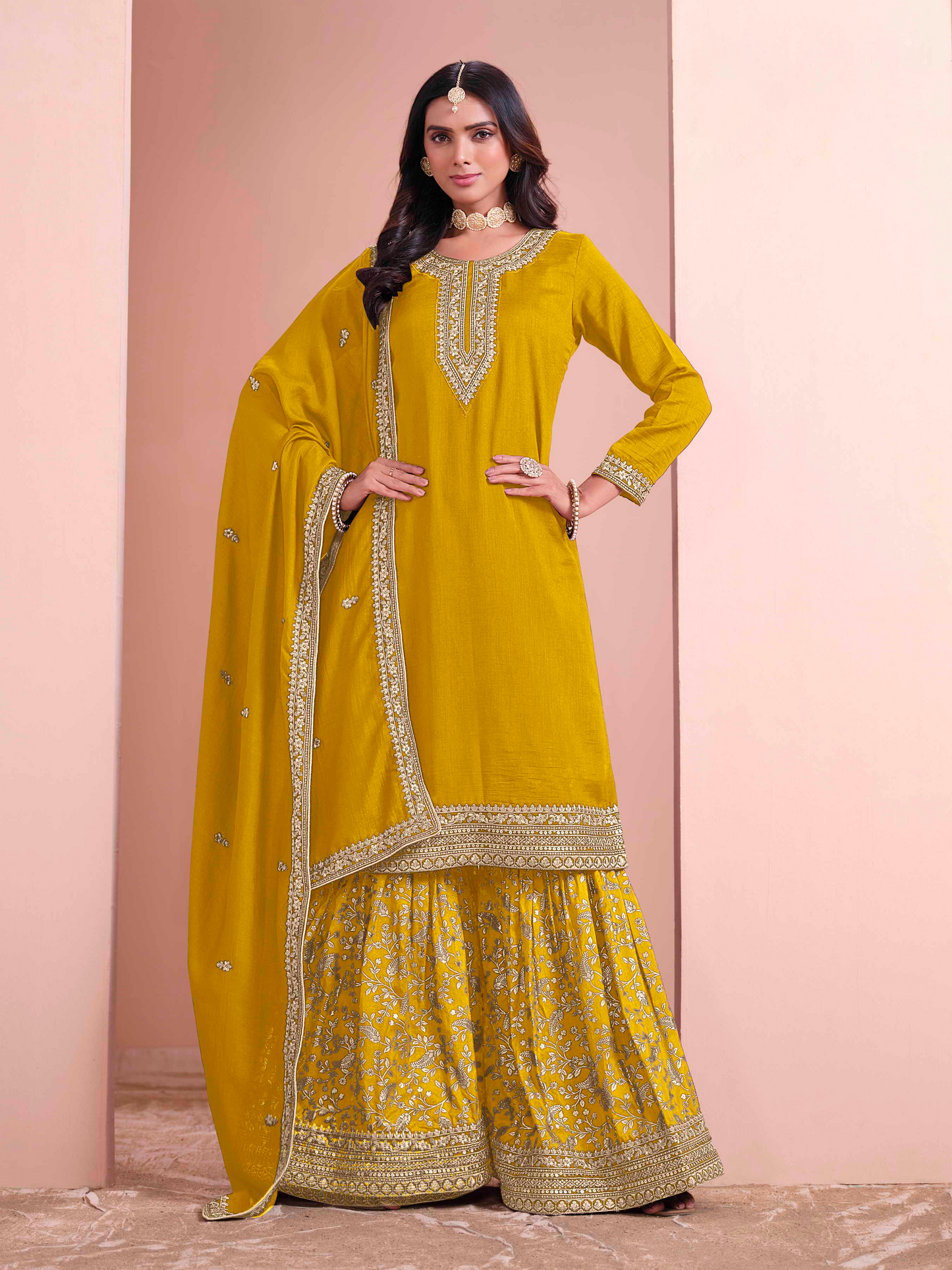 Embroidered Art Silk Palazzo Suit with Lace Dupatta