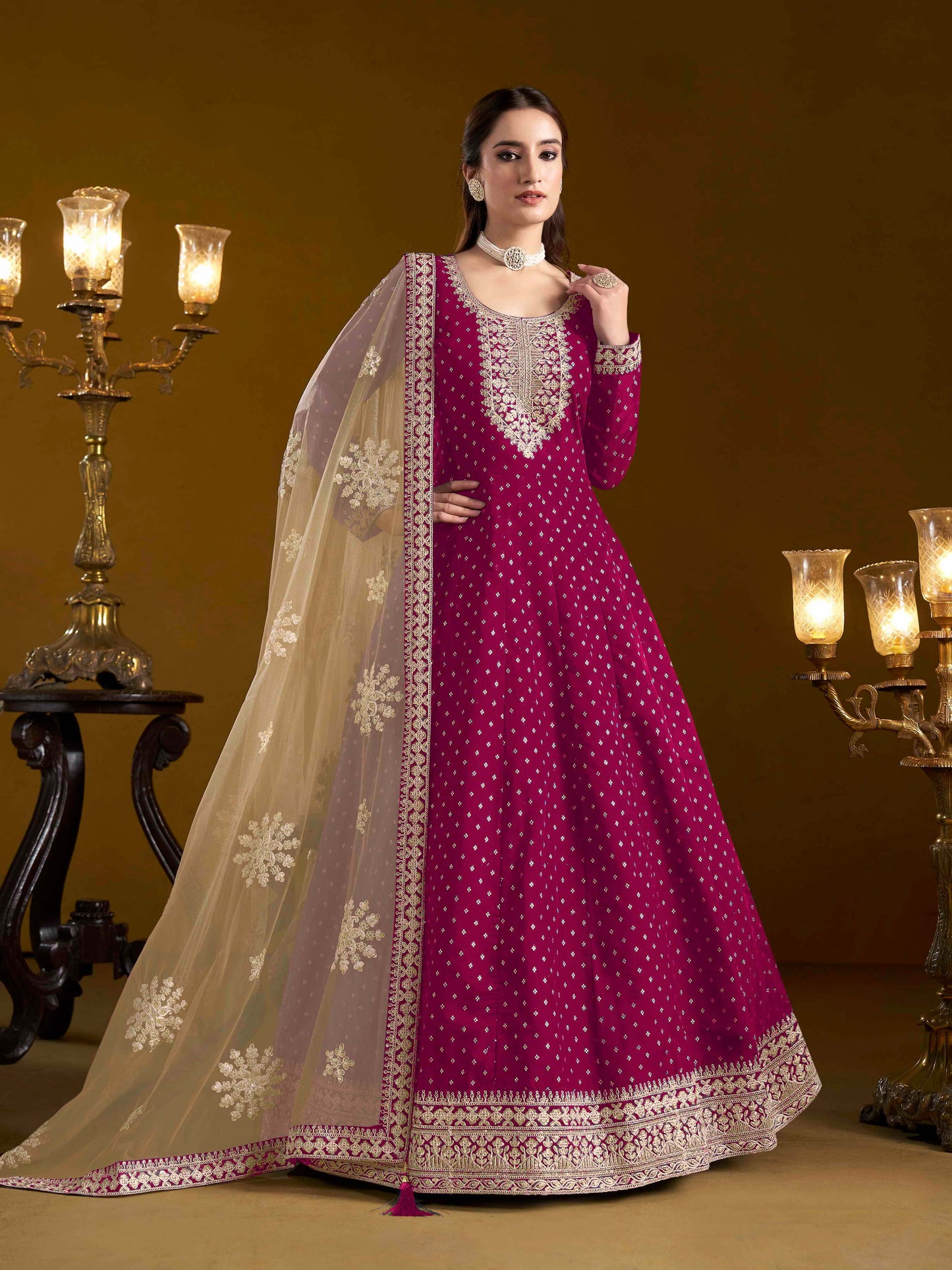 Embroidered Chanderi Butti Gown with Net Lace Dupatta
