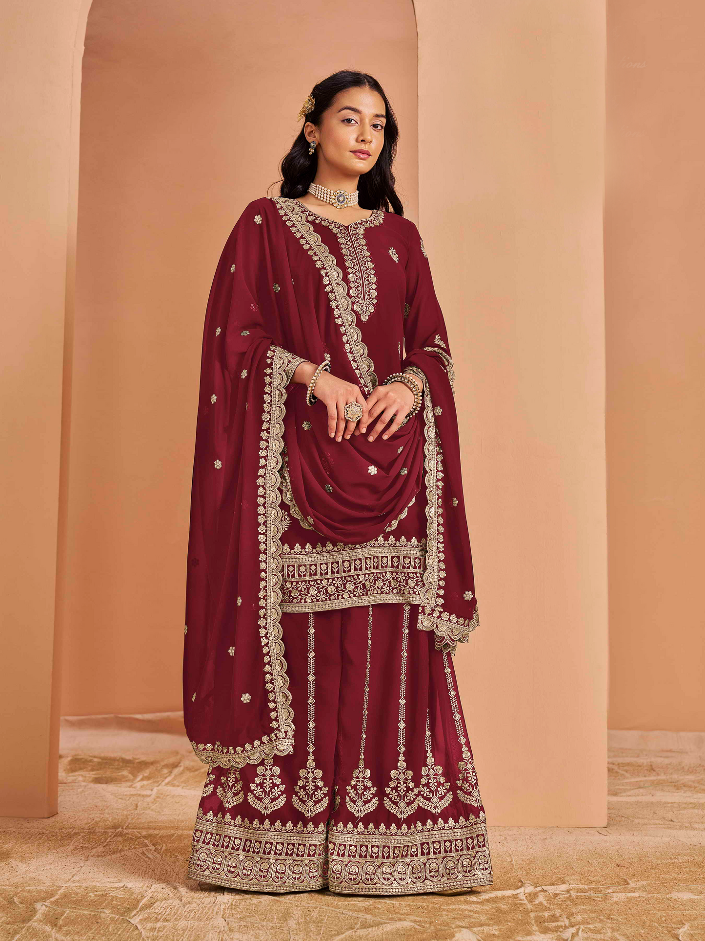 Embroidered Faux Georgette Palazzo Suit with Zari Lace Dupatta