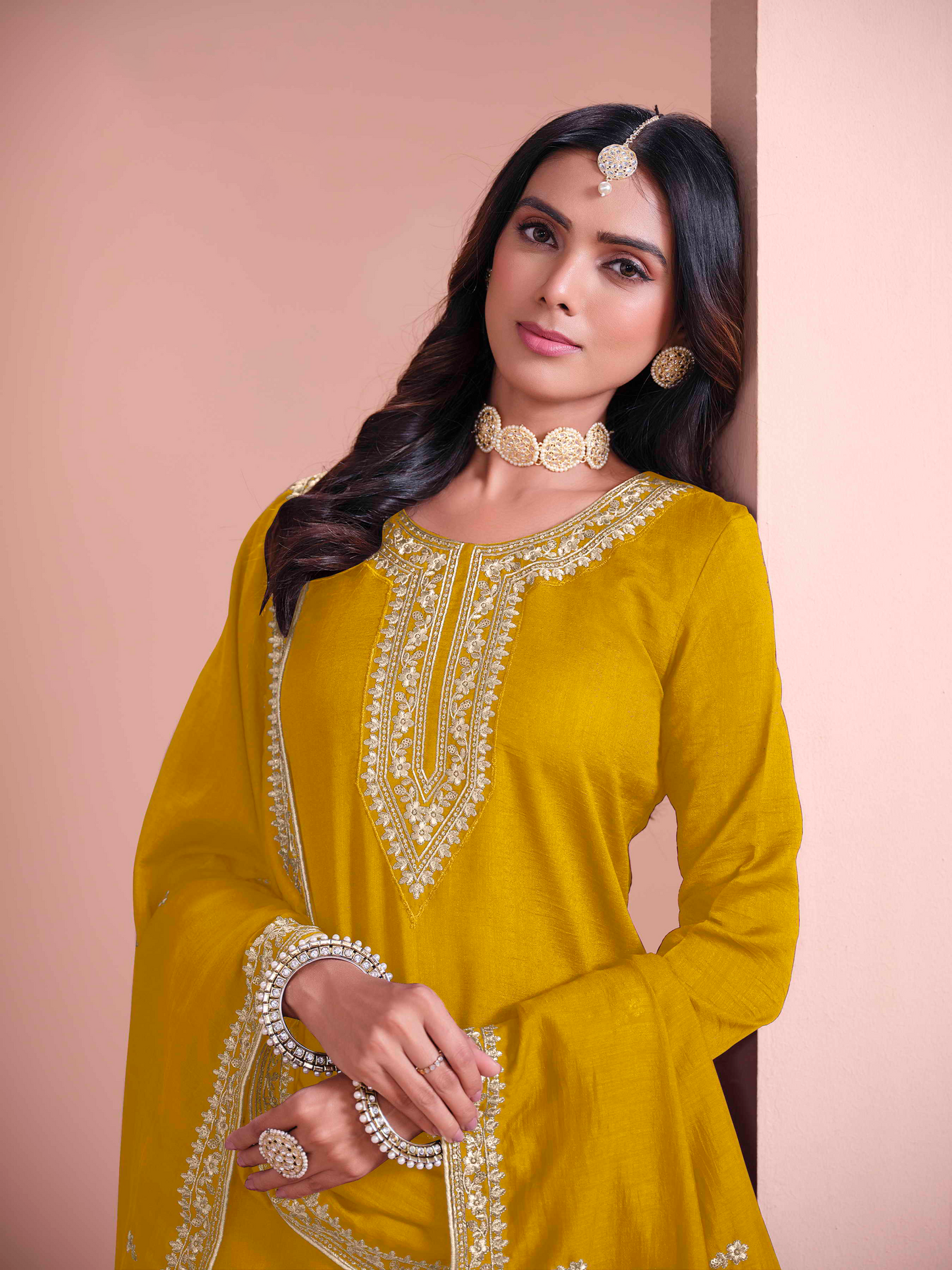 Embroidered Art Silk Palazzo Suit with Lace Dupatta