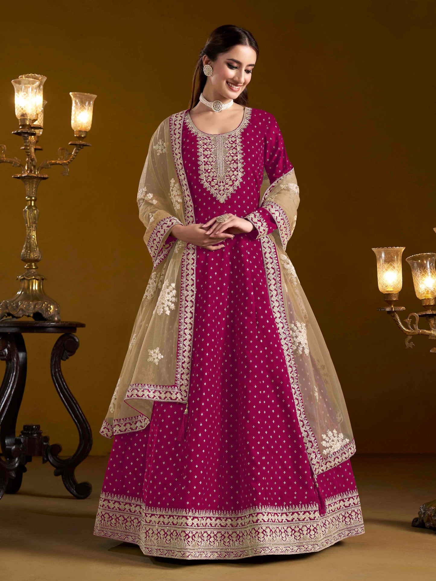 Embroidered Chanderi Butti Gown with Net Lace Dupatta