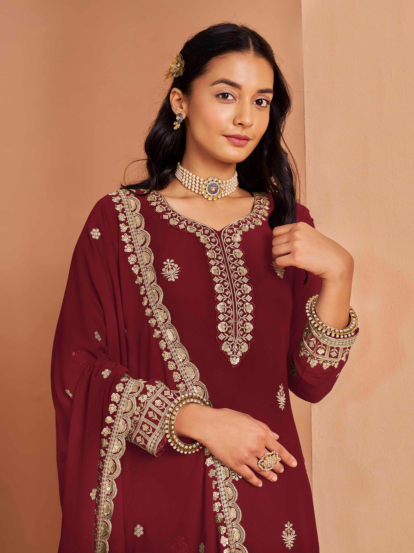 Embroidered Faux Georgette Palazzo Suit with Zari Lace Dupatta