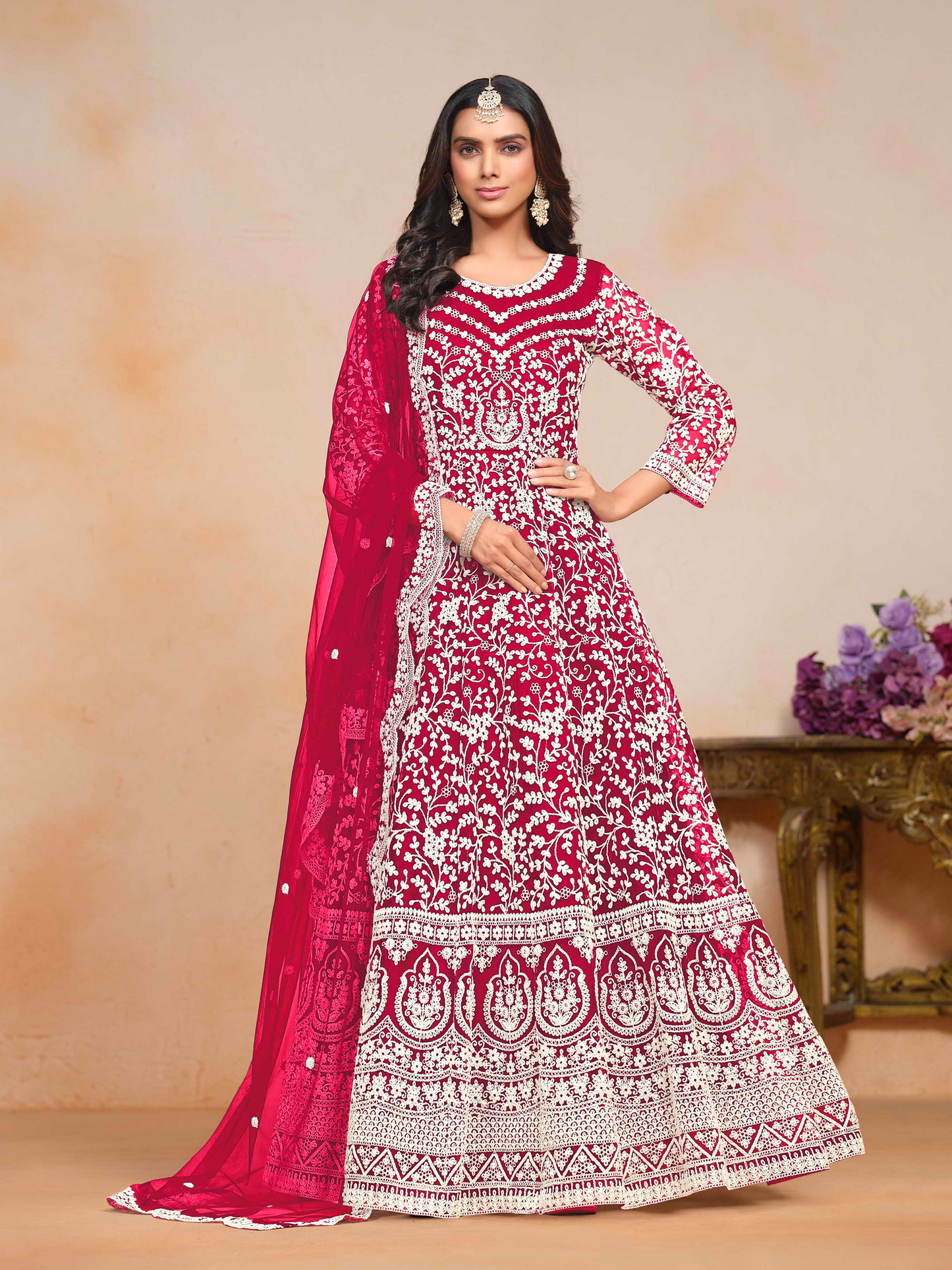 Embroidered Net Anarkali Gown with Dori Work