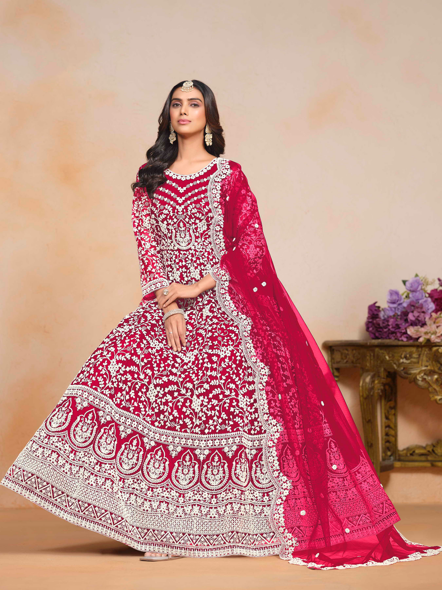 Embroidered Net Anarkali Gown with Dori Work