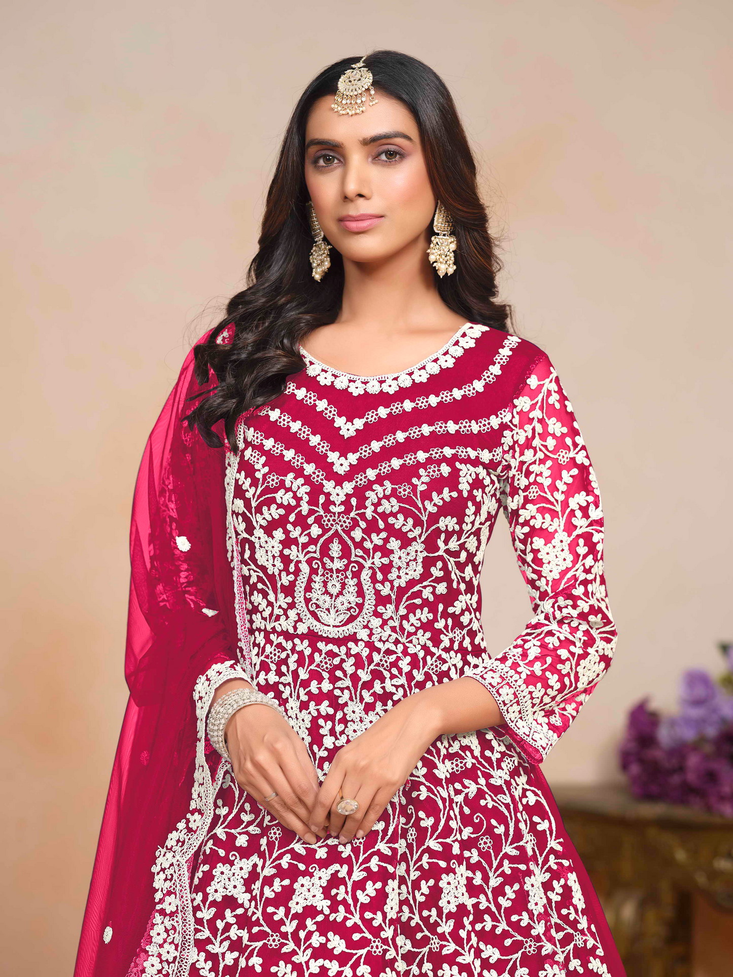 Embroidered Net Anarkali Gown with Dori Work
