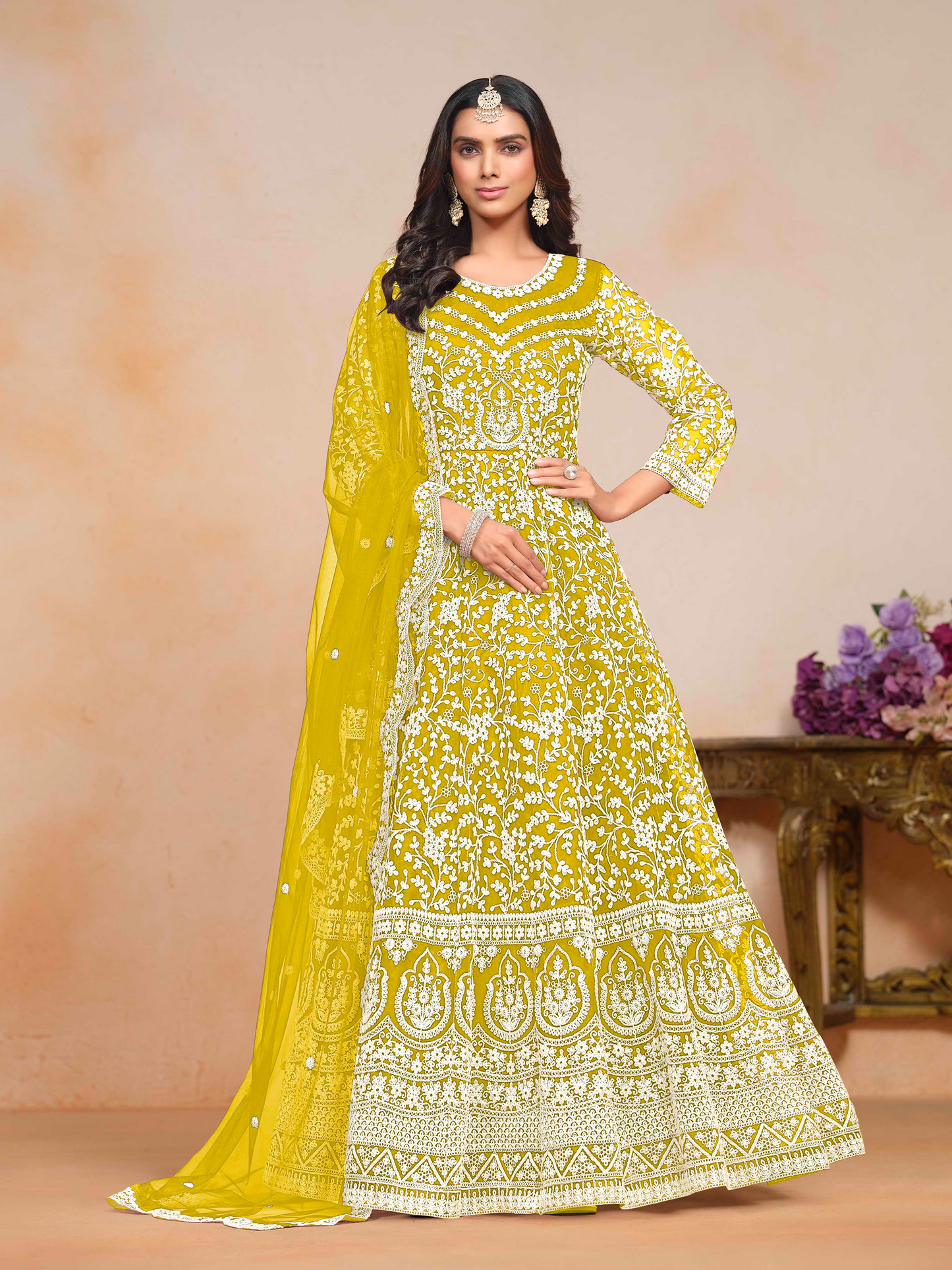 Embroidered Net Anarkali Gown with Dori Work