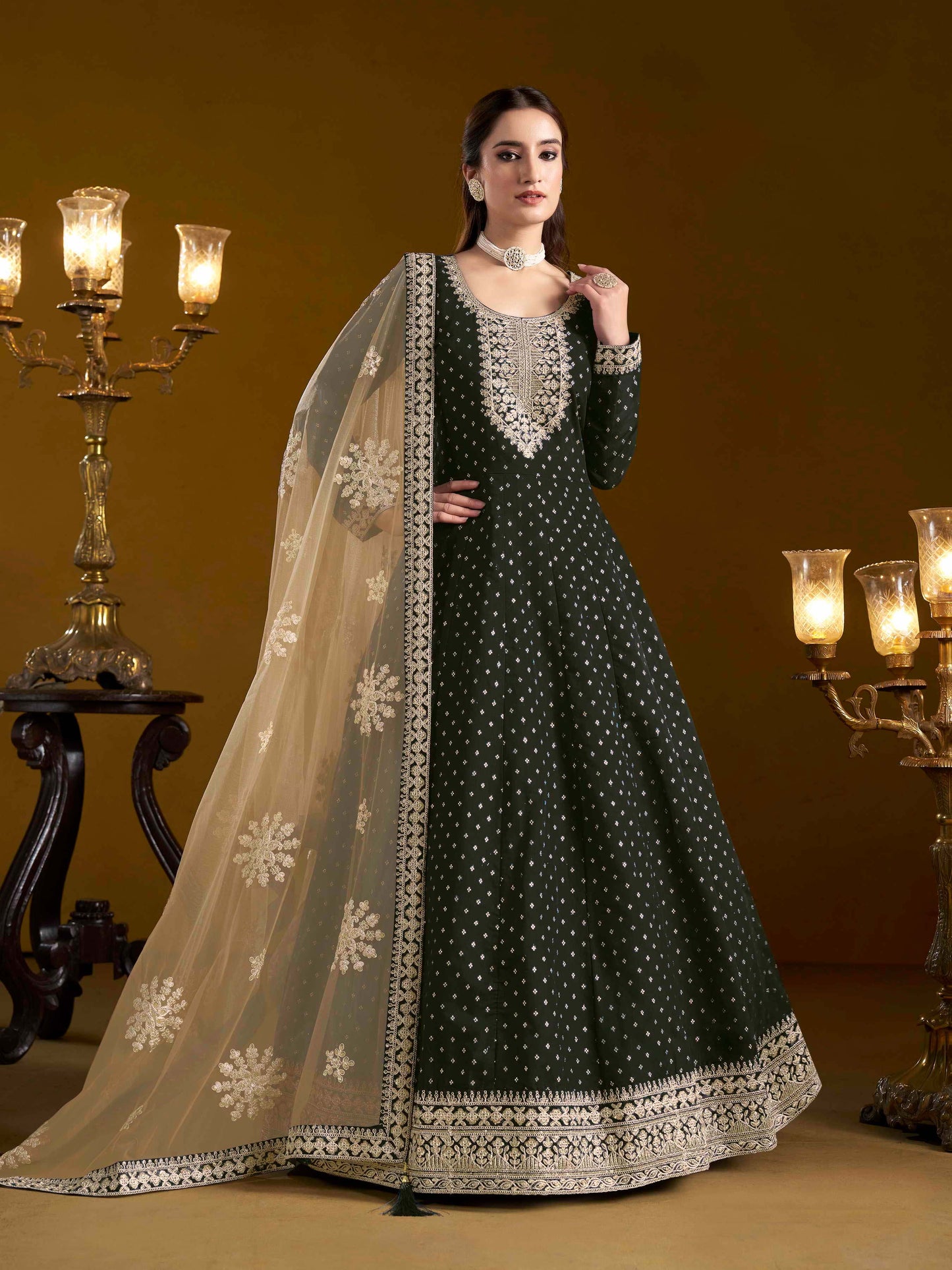 Embroidered Chanderi Butti Gown with Net Lace Dupatta