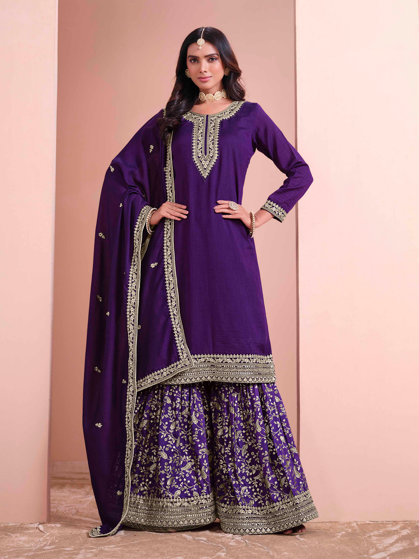 Embroidered Art Silk Palazzo Suit with Lace Dupatta