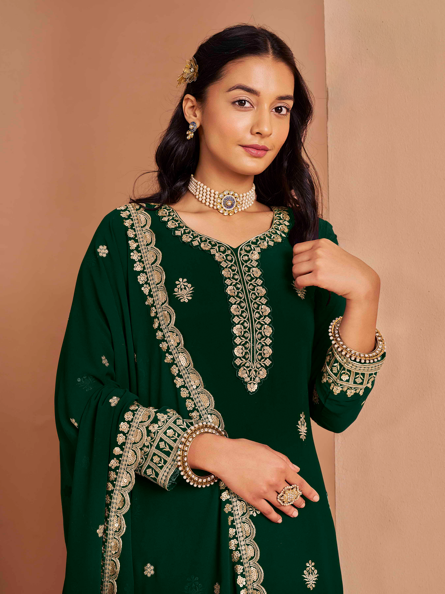 Embroidered Faux Georgette Palazzo Suit with Zari Lace Dupatta