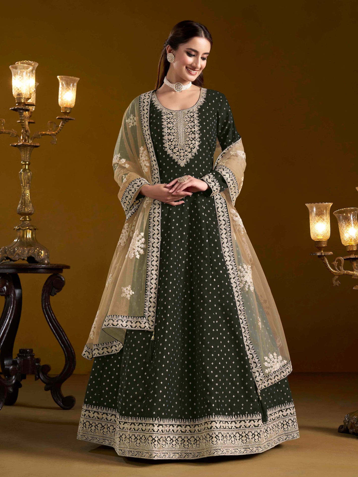 Embroidered Chanderi Butti Gown with Net Lace Dupatta