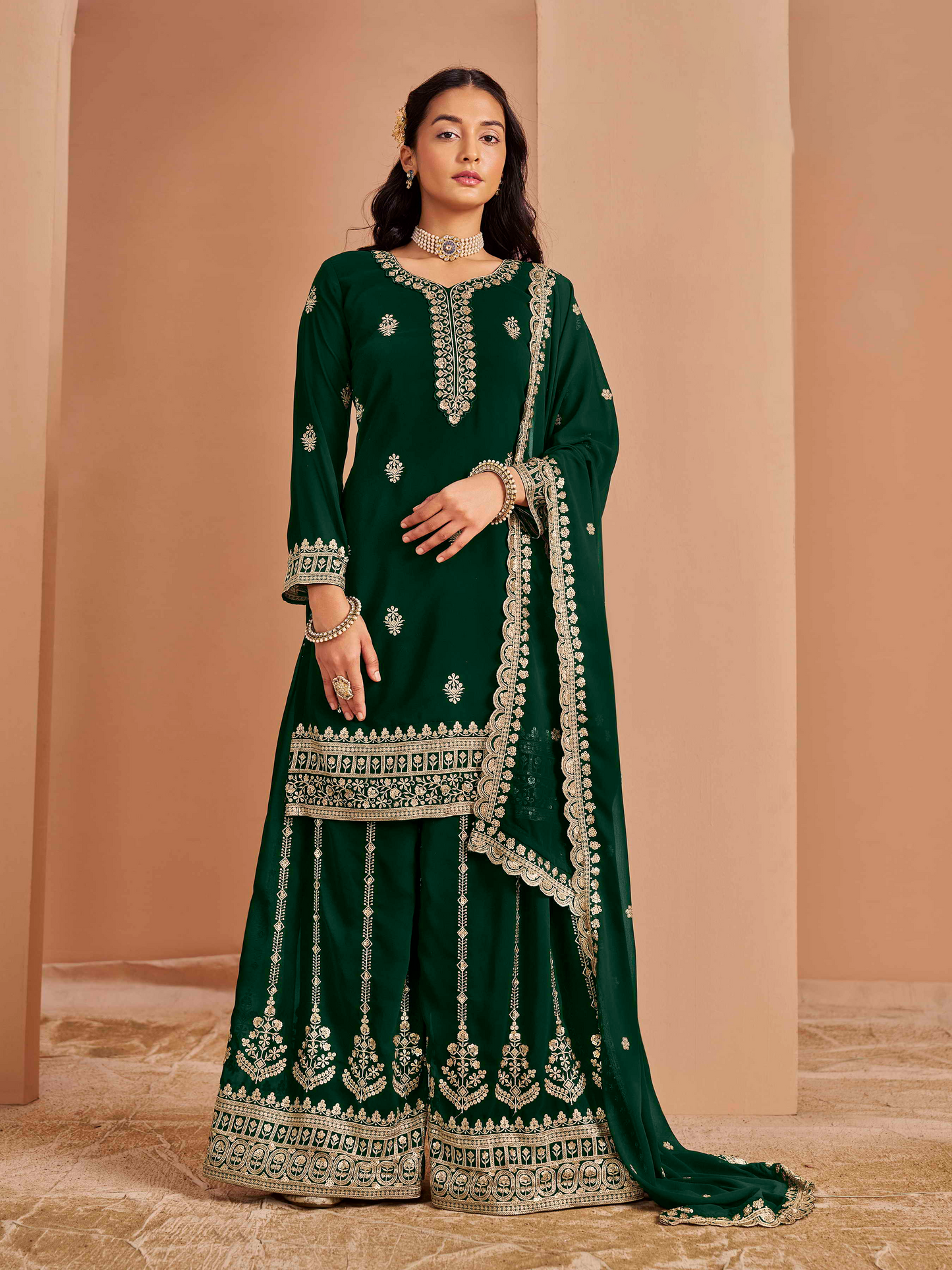 Embroidered Faux Georgette Palazzo Suit with Zari Lace Dupatta