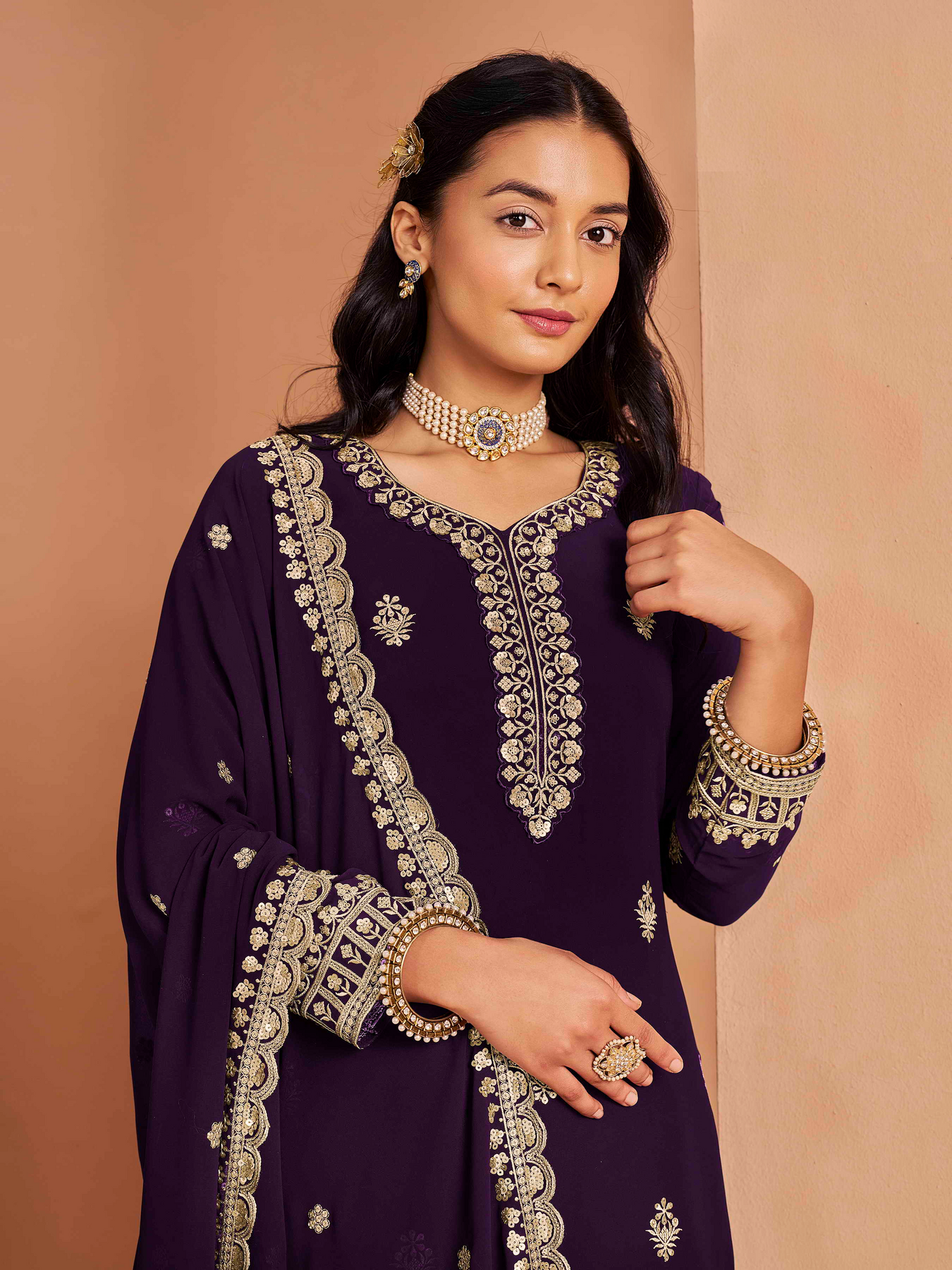 Embroidered Faux Georgette Palazzo Suit with Zari Lace Dupatta