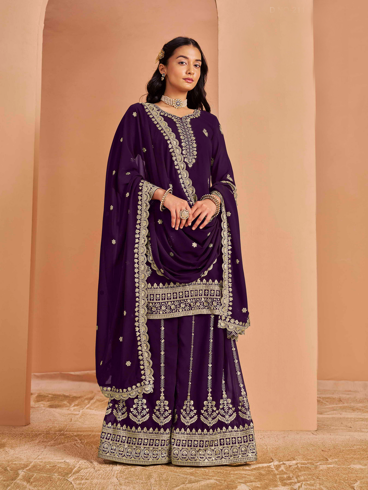 Embroidered Faux Georgette Palazzo Suit with Zari Lace Dupatta