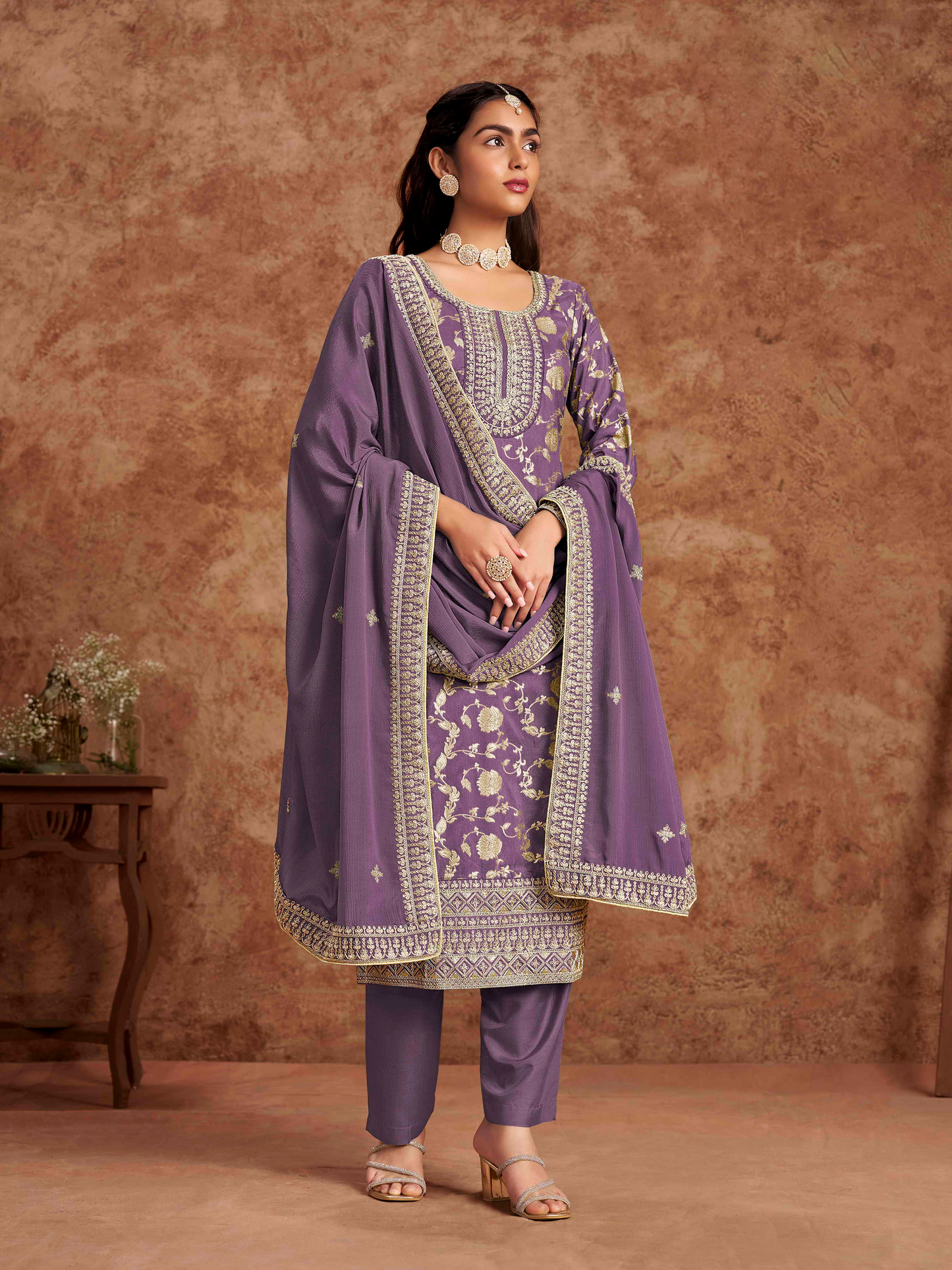Embroidered Dolla Jacquard Palazzo Suit with Lace Dupatta