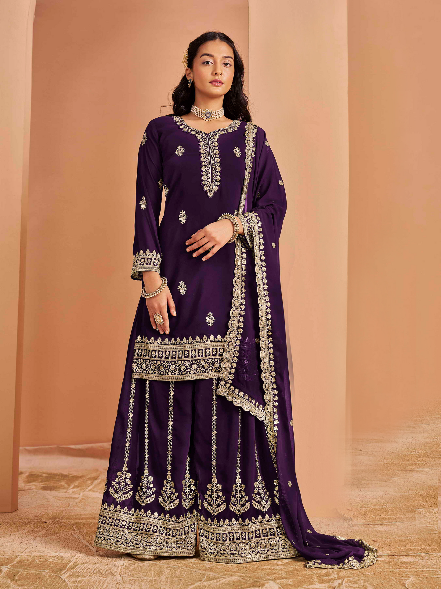 Embroidered Faux Georgette Palazzo Suit with Zari Lace Dupatta