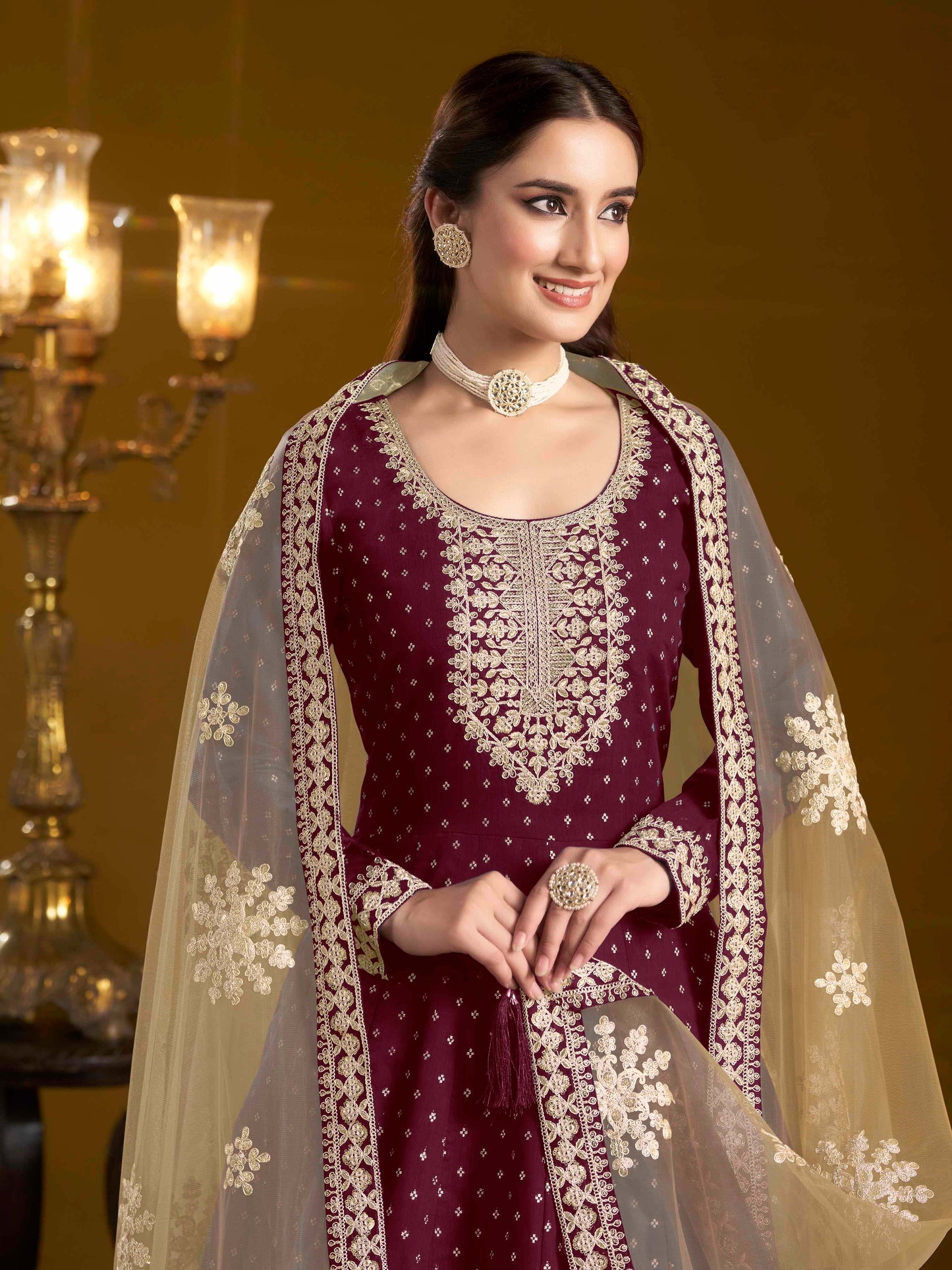 Embroidered Chanderi Butti Gown with Net Lace Dupatta