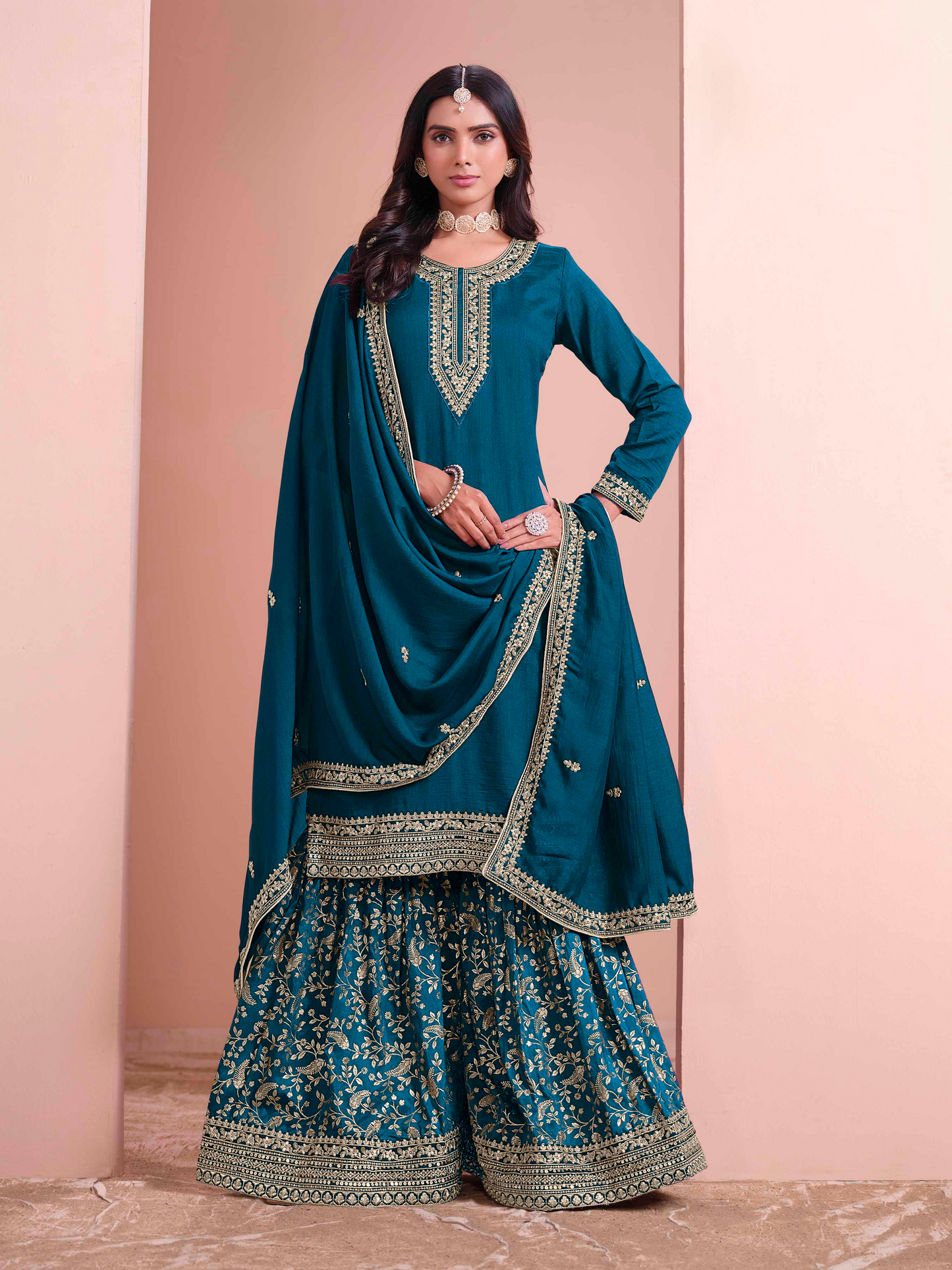 Embroidered Art Silk Palazzo Suit with Lace Dupatta