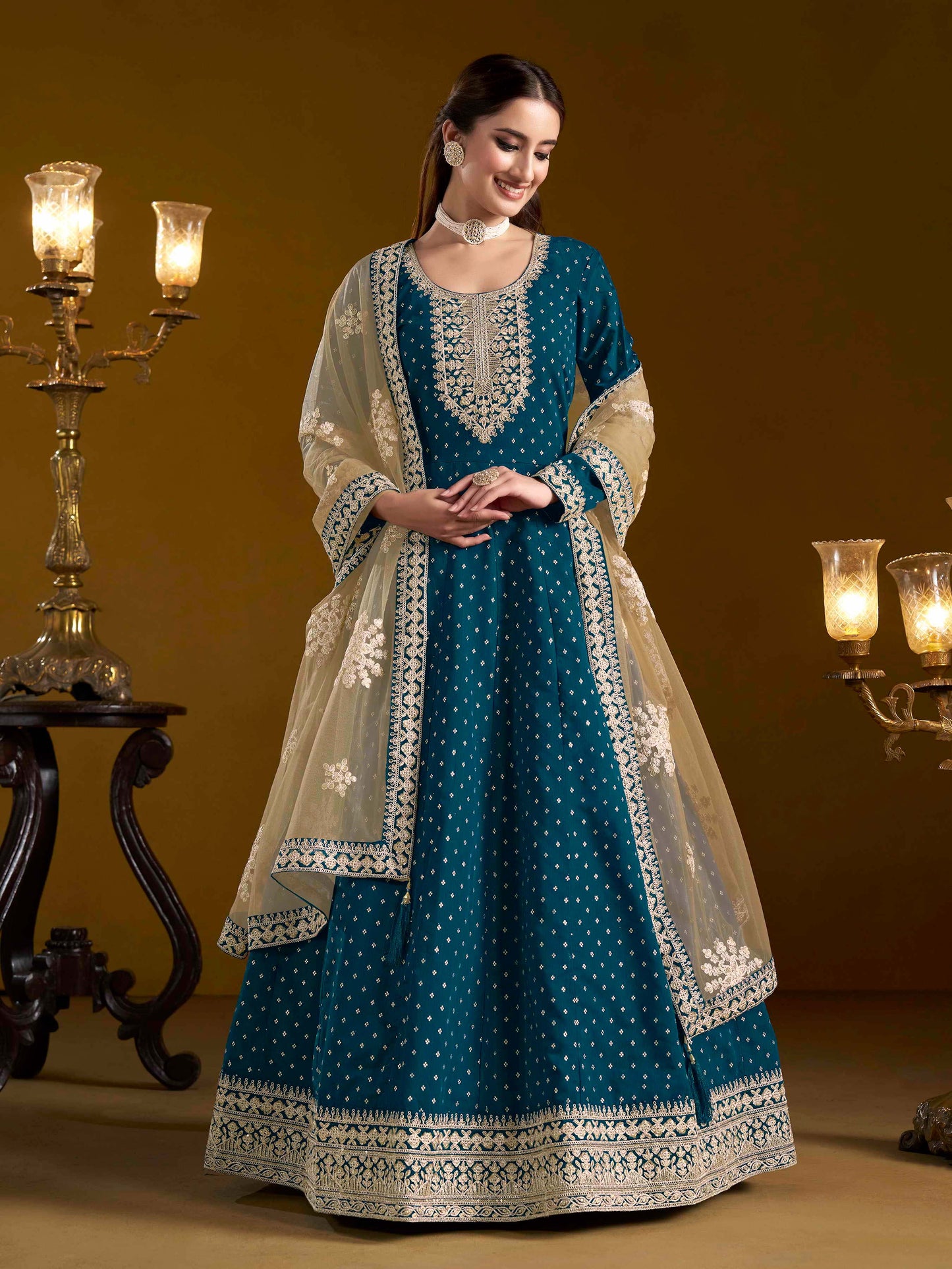 Embroidered Chanderi Butti Gown with Net Lace Dupatta