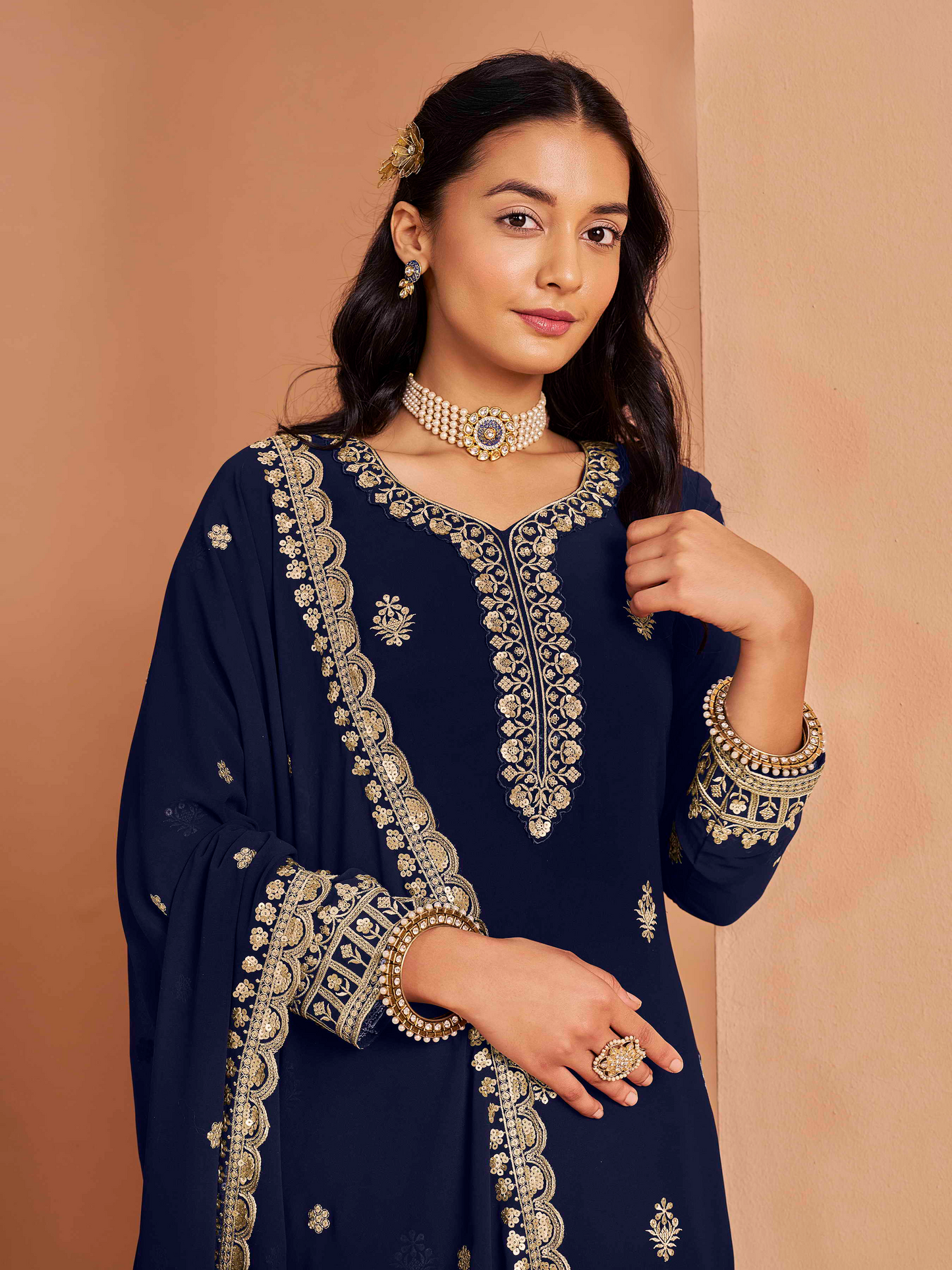 Embroidered Faux Georgette Palazzo Suit with Zari Lace Dupatta