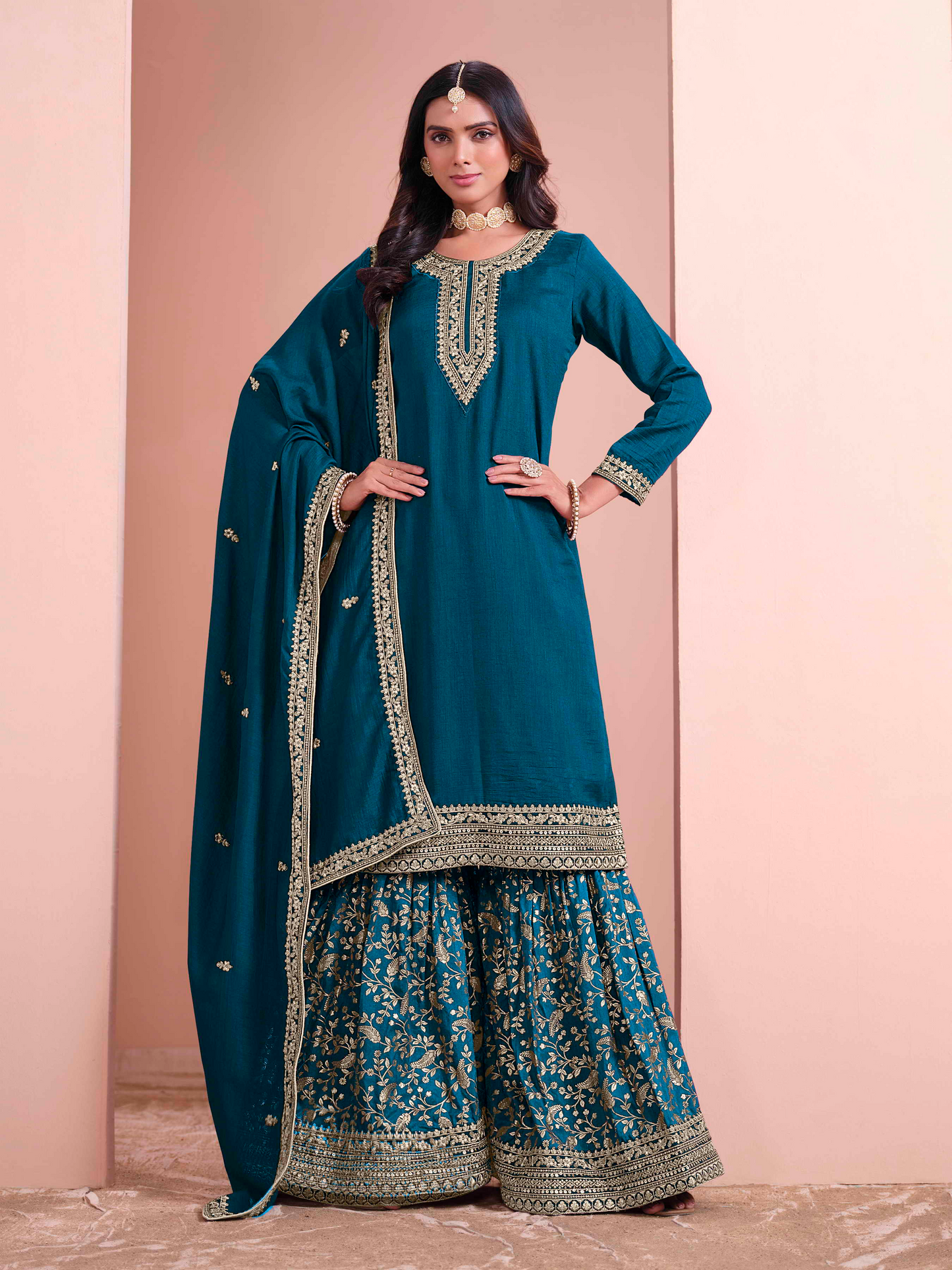 Embroidered Art Silk Palazzo Suit with Lace Dupatta