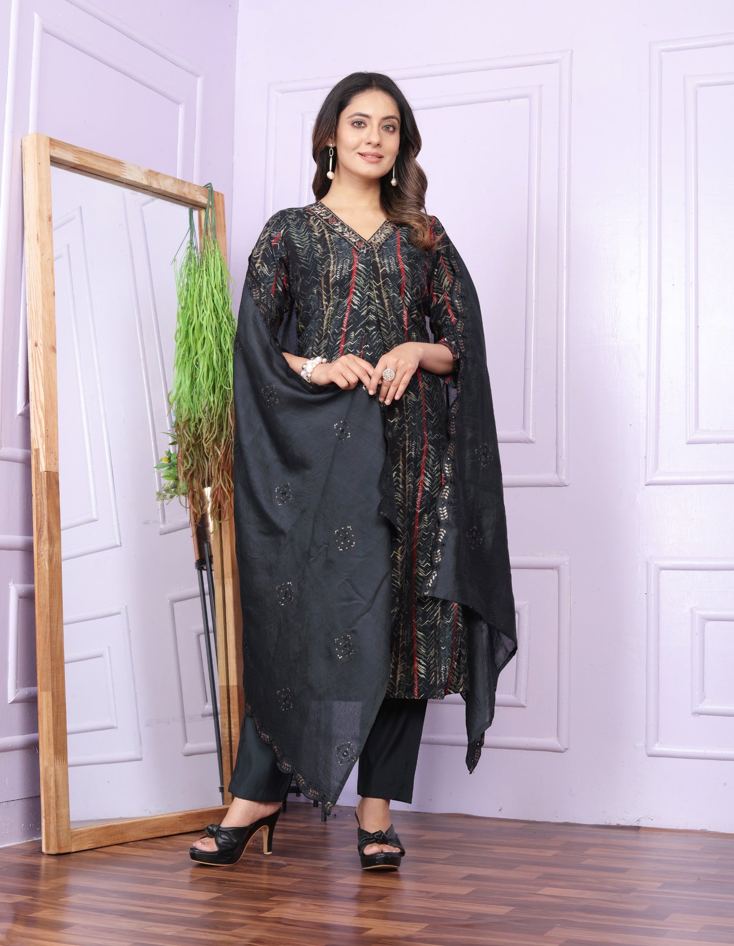 Modal Silk V-Neck Black Kurti with Handwork