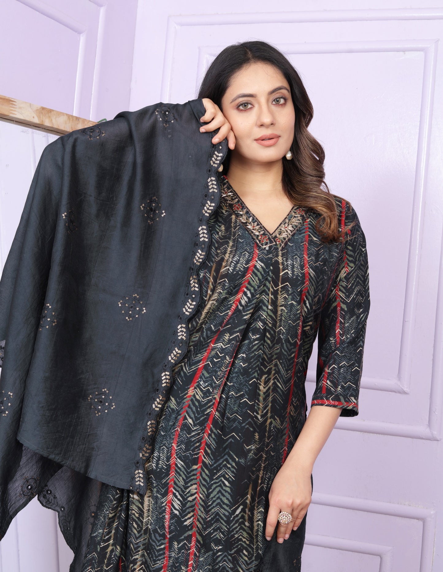 Modal Silk V-Neck Black Kurti with Handwork