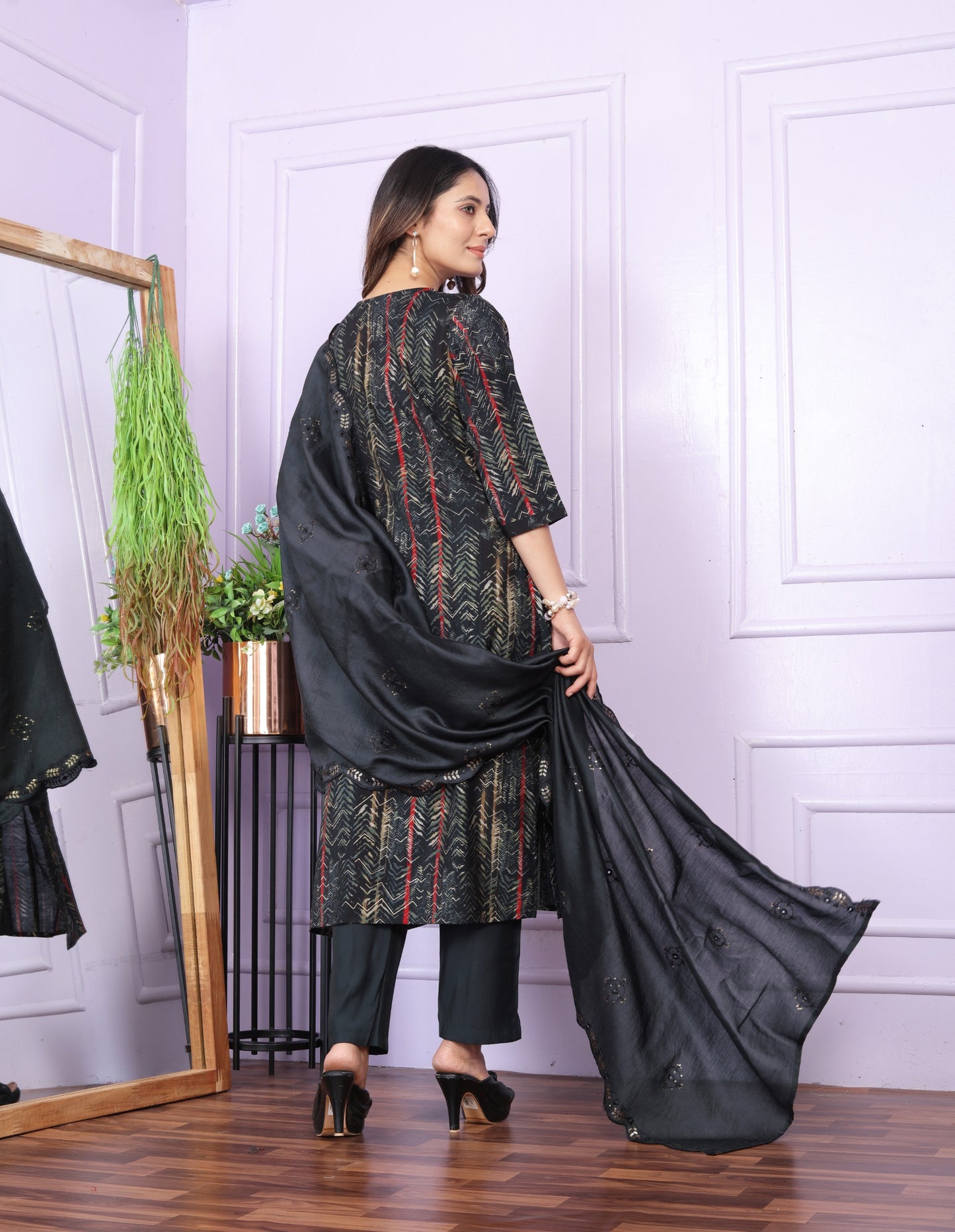 Modal Silk V-Neck Black Kurti with Handwork