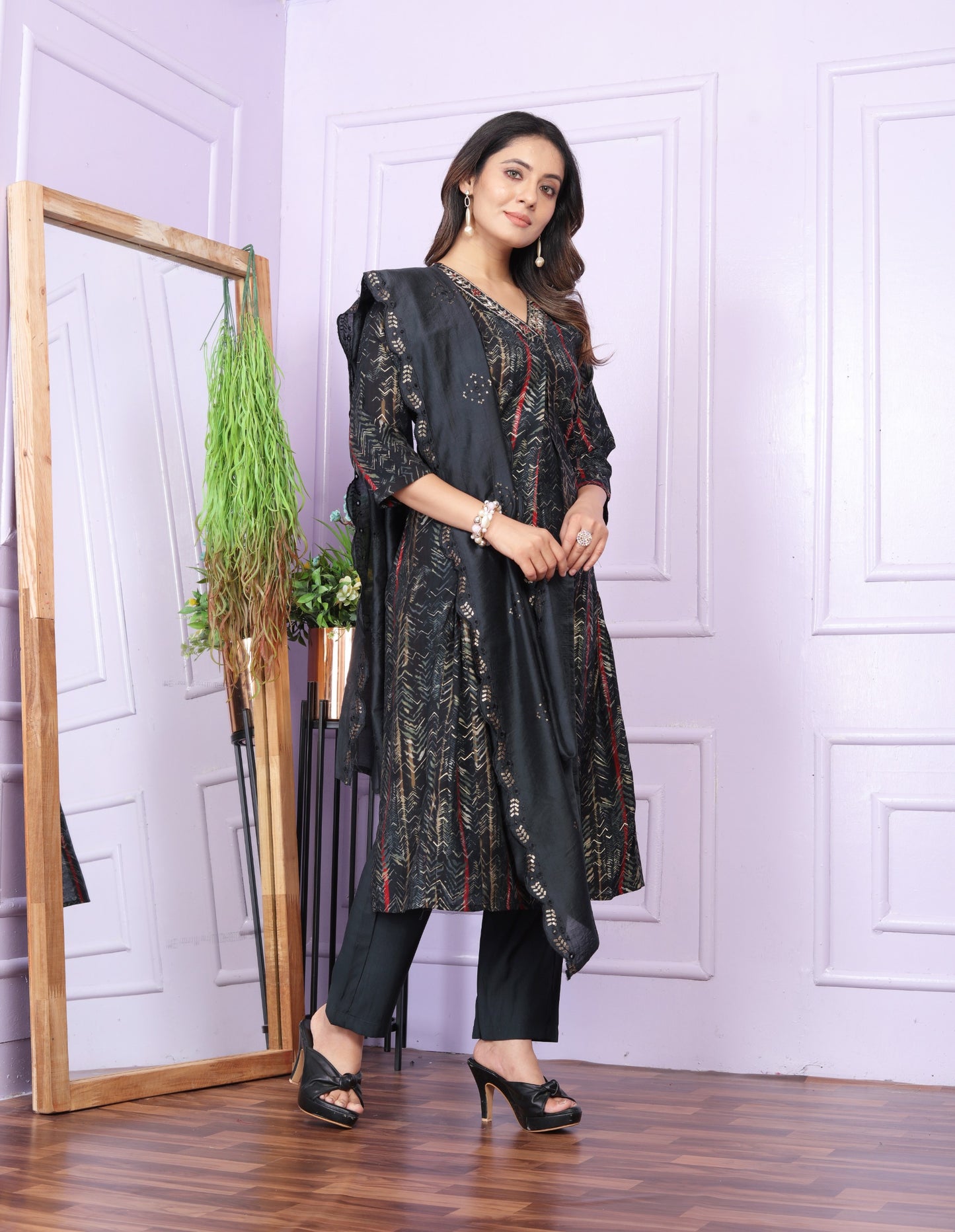 Modal Silk V-Neck Black Kurti with Handwork