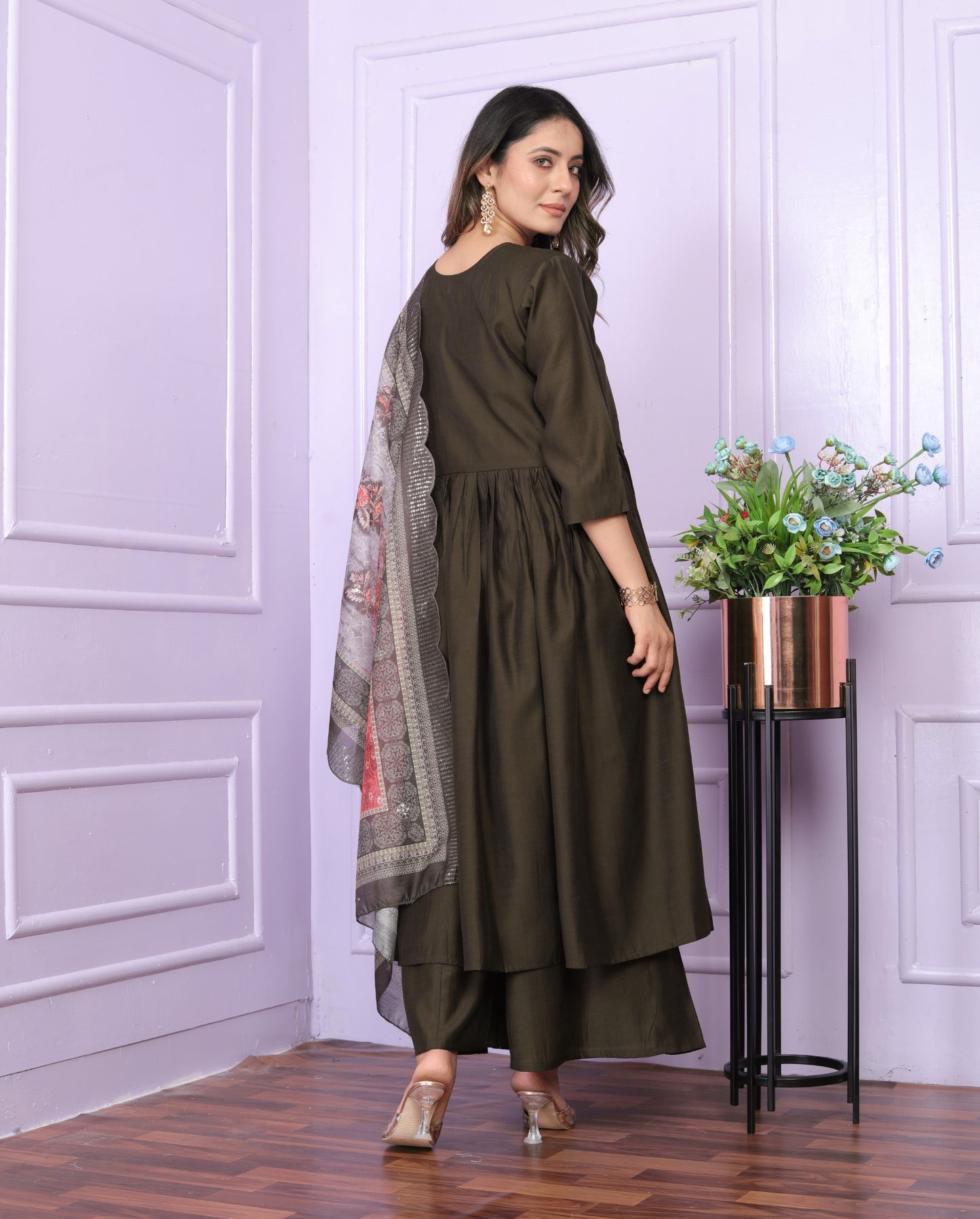 Olive Brown Viscose Slub Angarkha Kurti with Palazzo