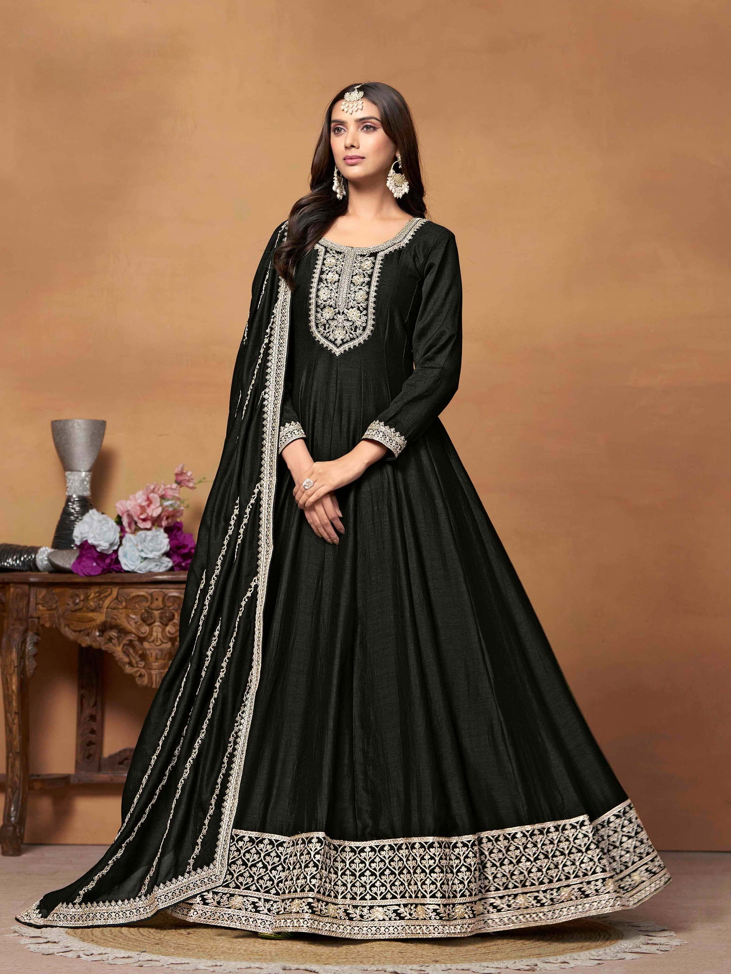 Embroidered Art Silk Gown with Dupatta