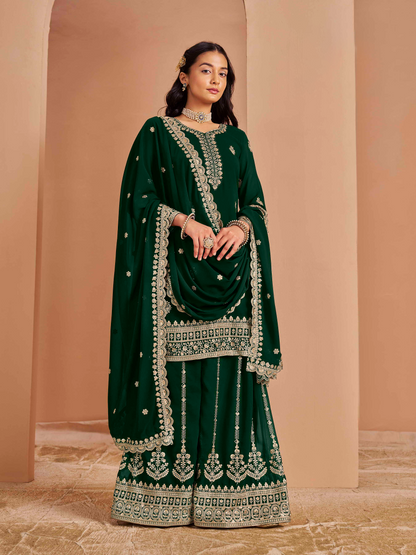 Embroidered Faux Georgette Palazzo Suit with Zari Lace Dupatta