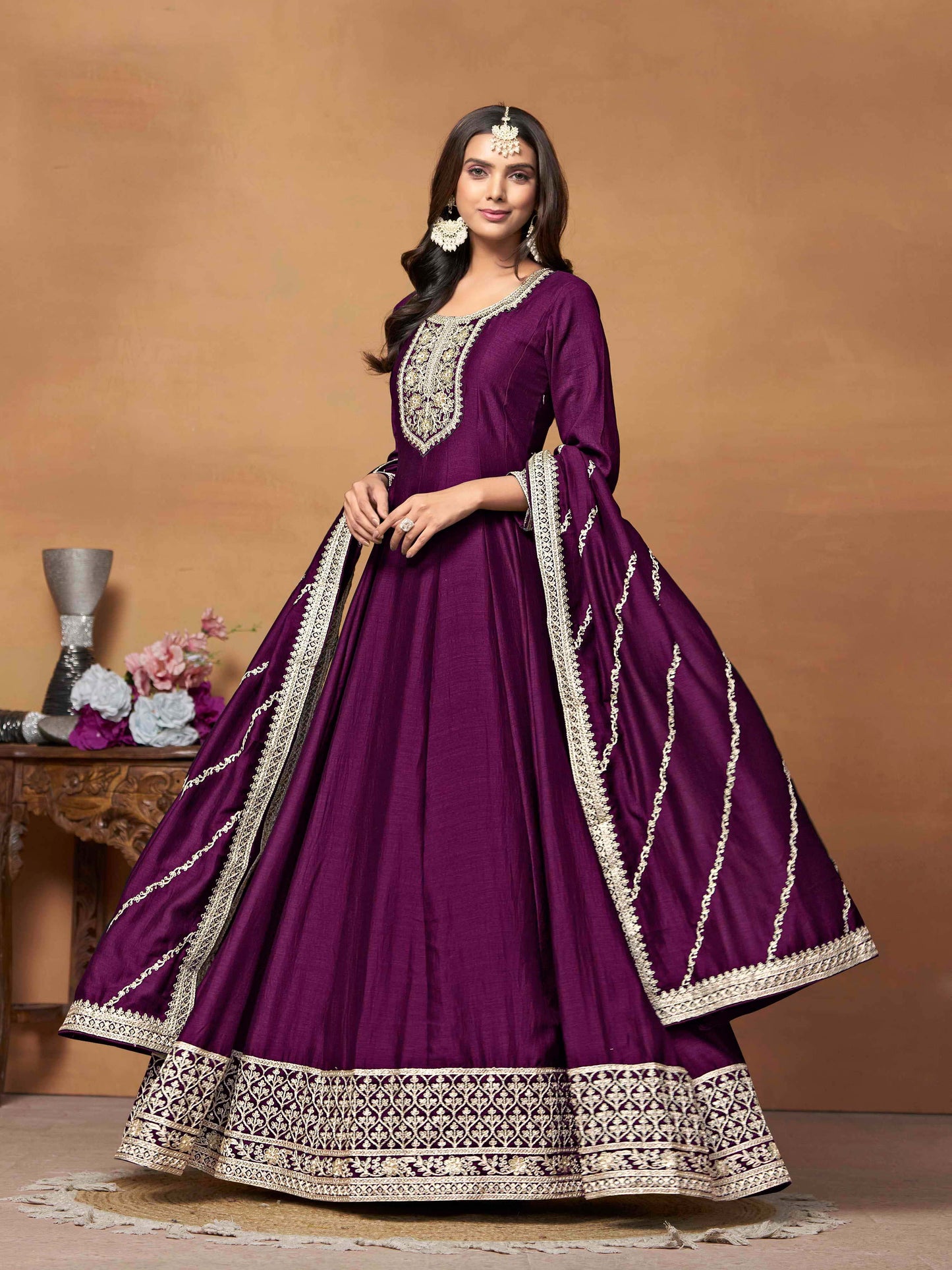 Embroidered Art Silk Gown with Dupatta