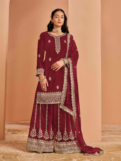 Embroidered Faux Georgette Palazzo Suit with Zari Lace Dupatta