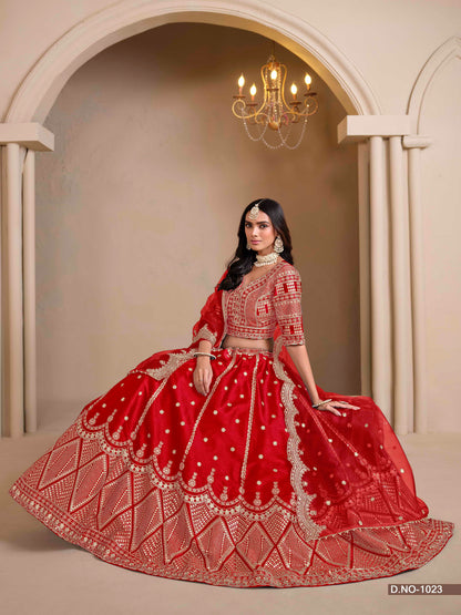Embroidered Art Silk Lehenga with Cutwork Dupatta