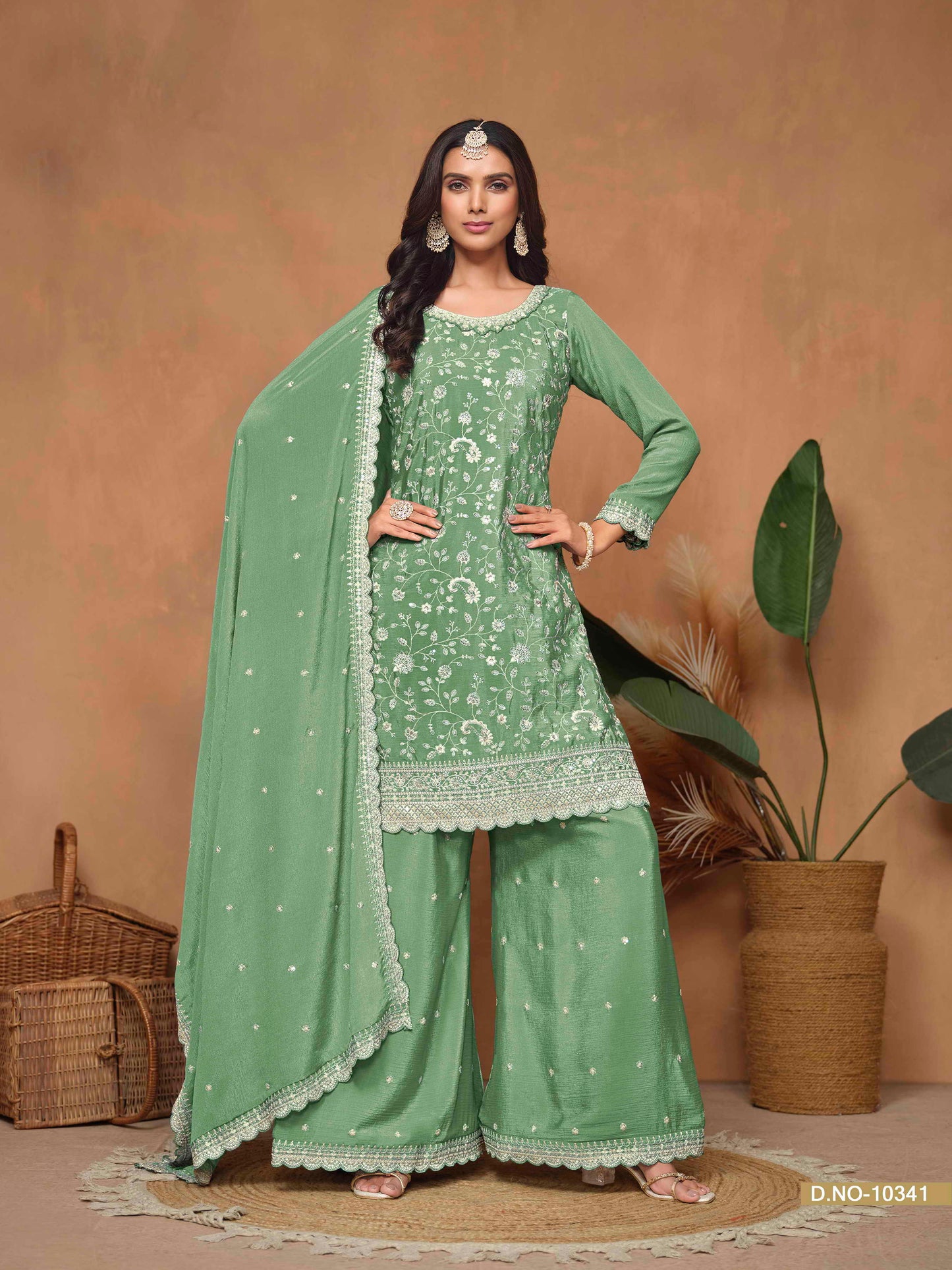 Embroidered Chinon Palazzo Suit with Sequins Dupatta