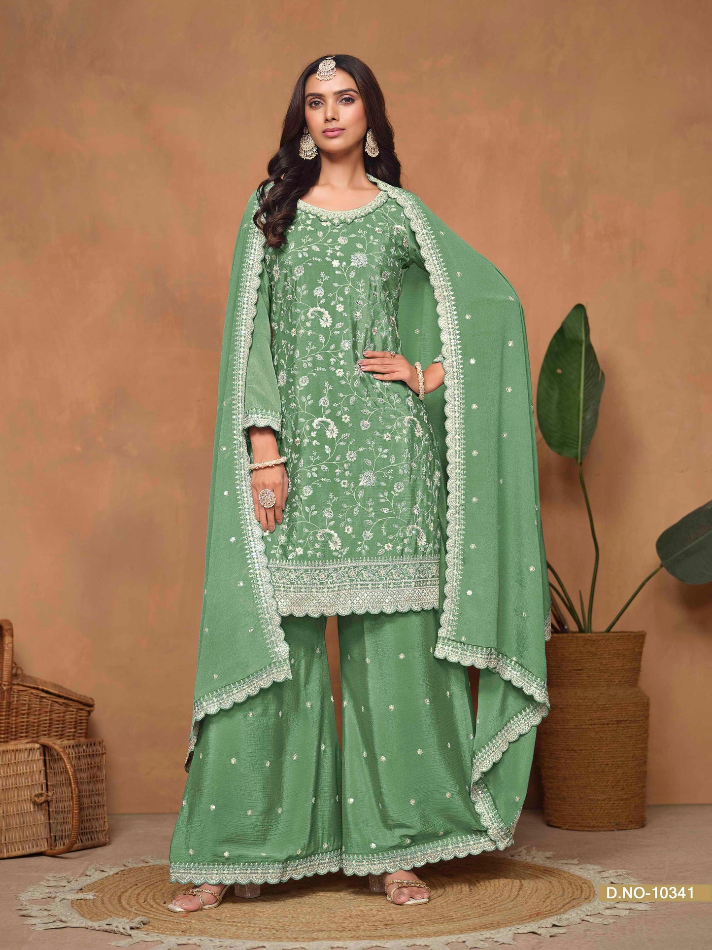 Embroidered Chinon Palazzo Suit with Sequins Dupatta