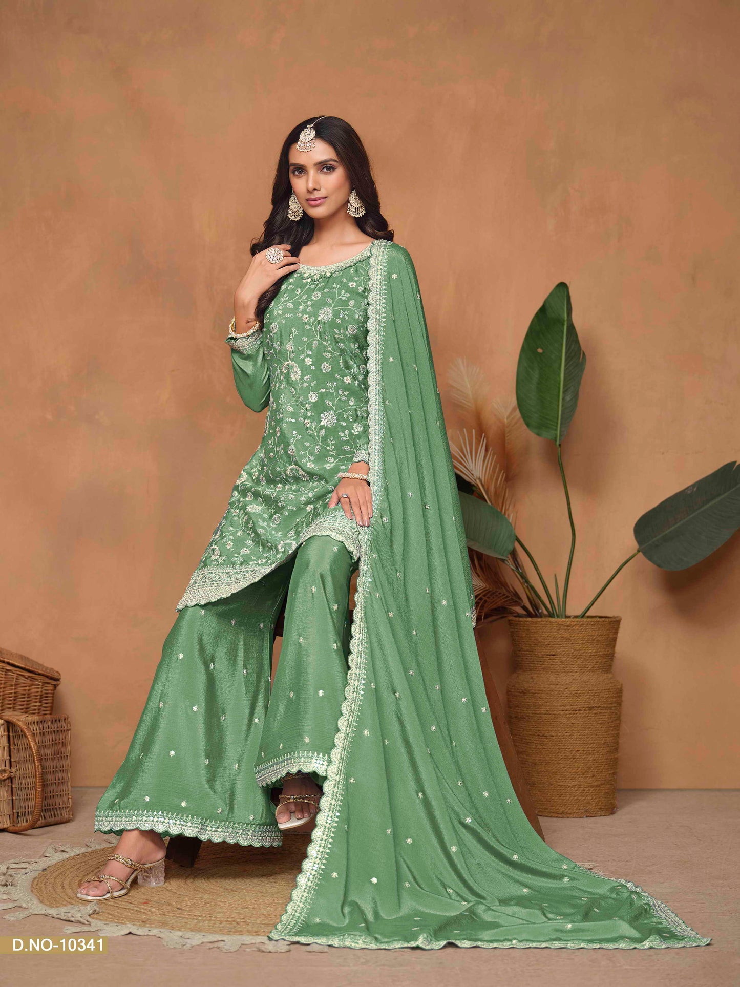 Embroidered Chinon Palazzo Suit with Sequins Dupatta