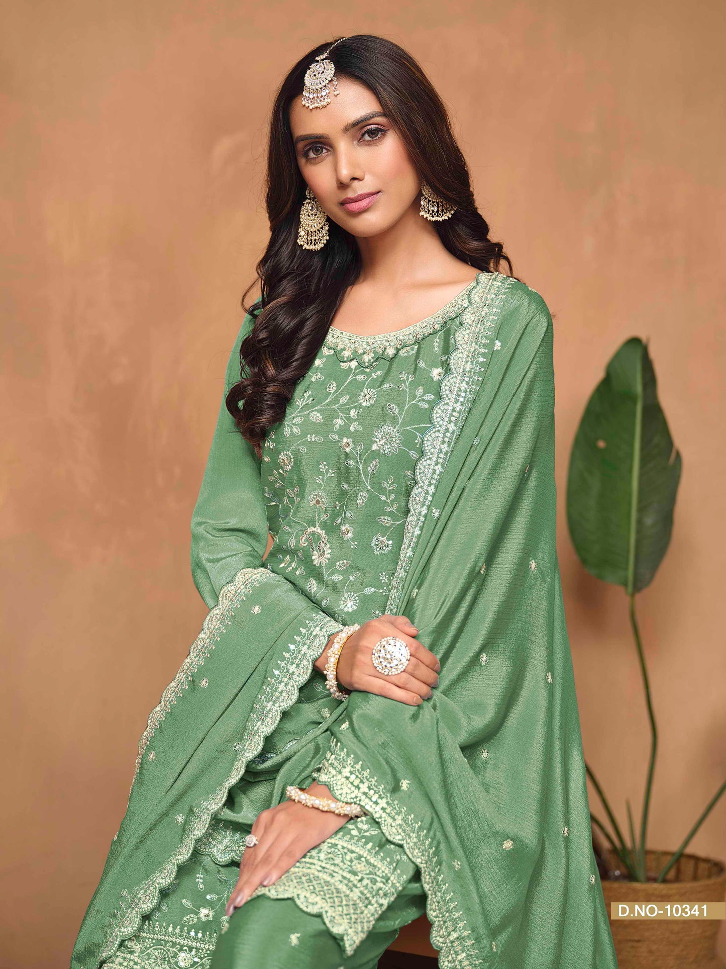 Embroidered Chinon Palazzo Suit with Sequins Dupatta