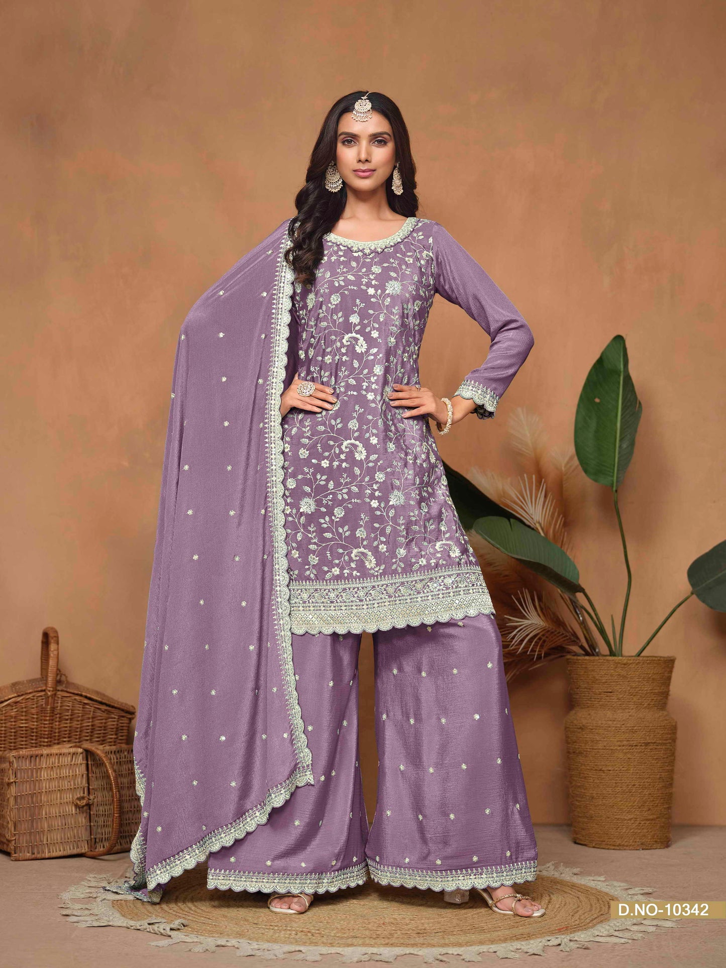 Embroidered Chinon Palazzo Suit with Sequins Dupatta