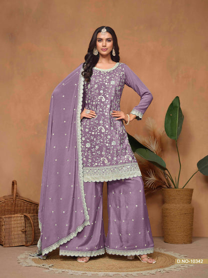 Embroidered Chinon Palazzo Suit with Sequins Dupatta