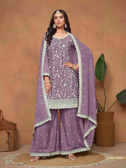 Embroidered Chinon Palazzo Suit with Sequins Dupatta
