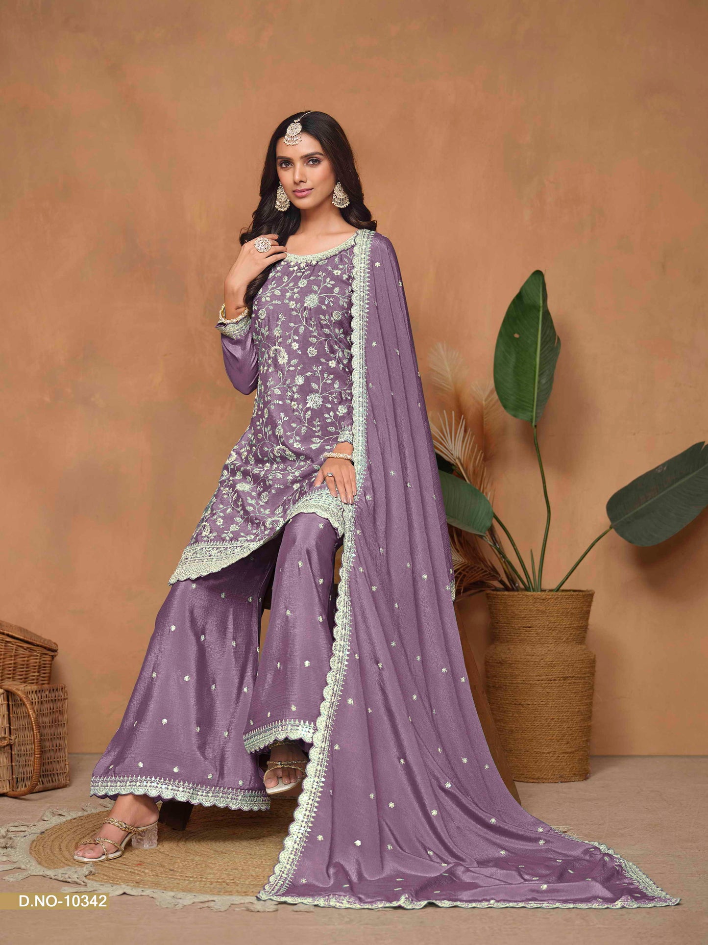 Embroidered Chinon Palazzo Suit with Sequins Dupatta
