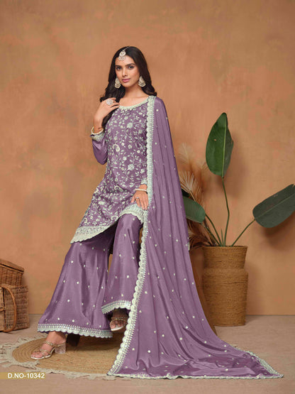 Embroidered Chinon Palazzo Suit with Sequins Dupatta
