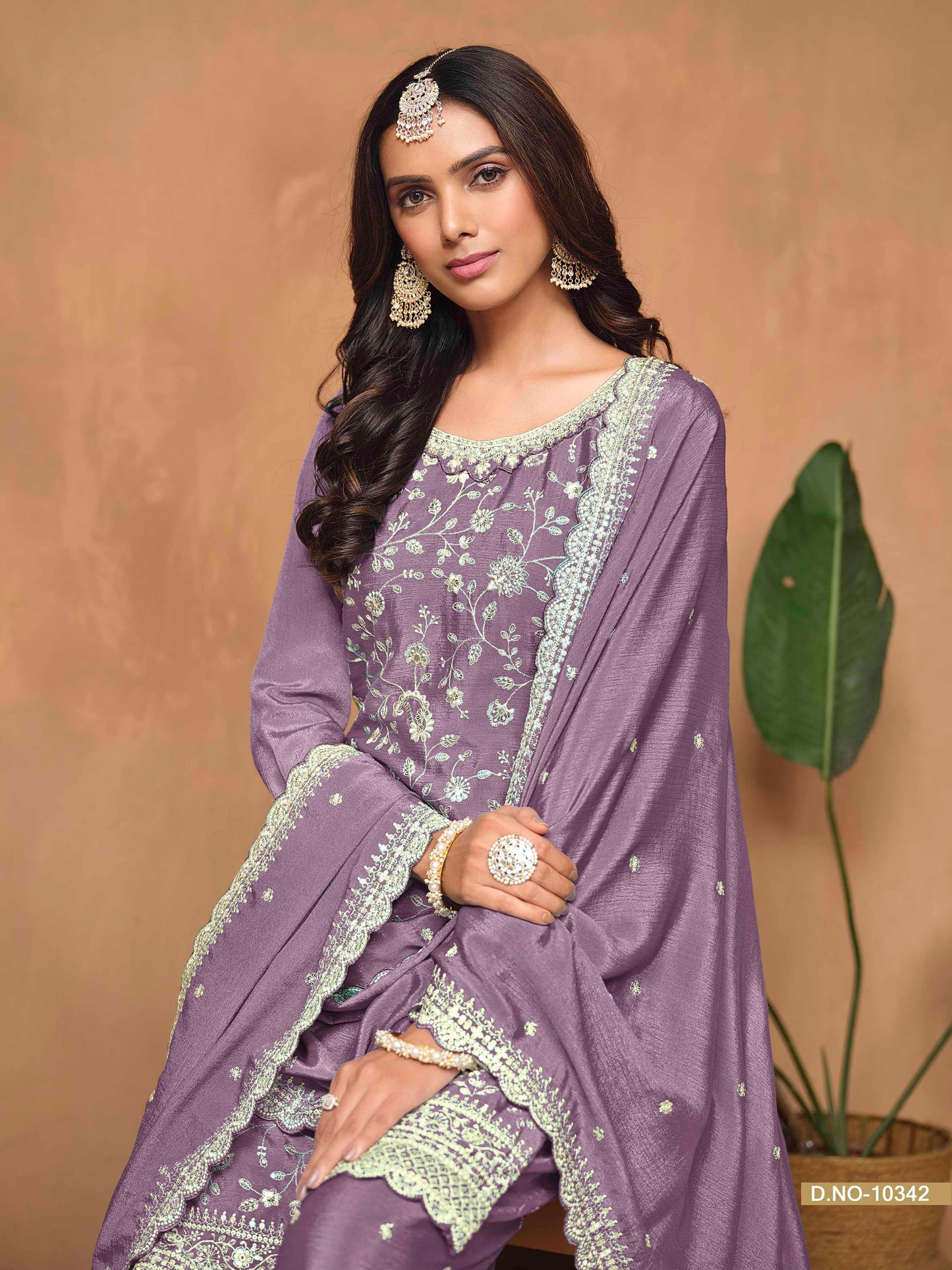 Embroidered Chinon Palazzo Suit with Sequins Dupatta