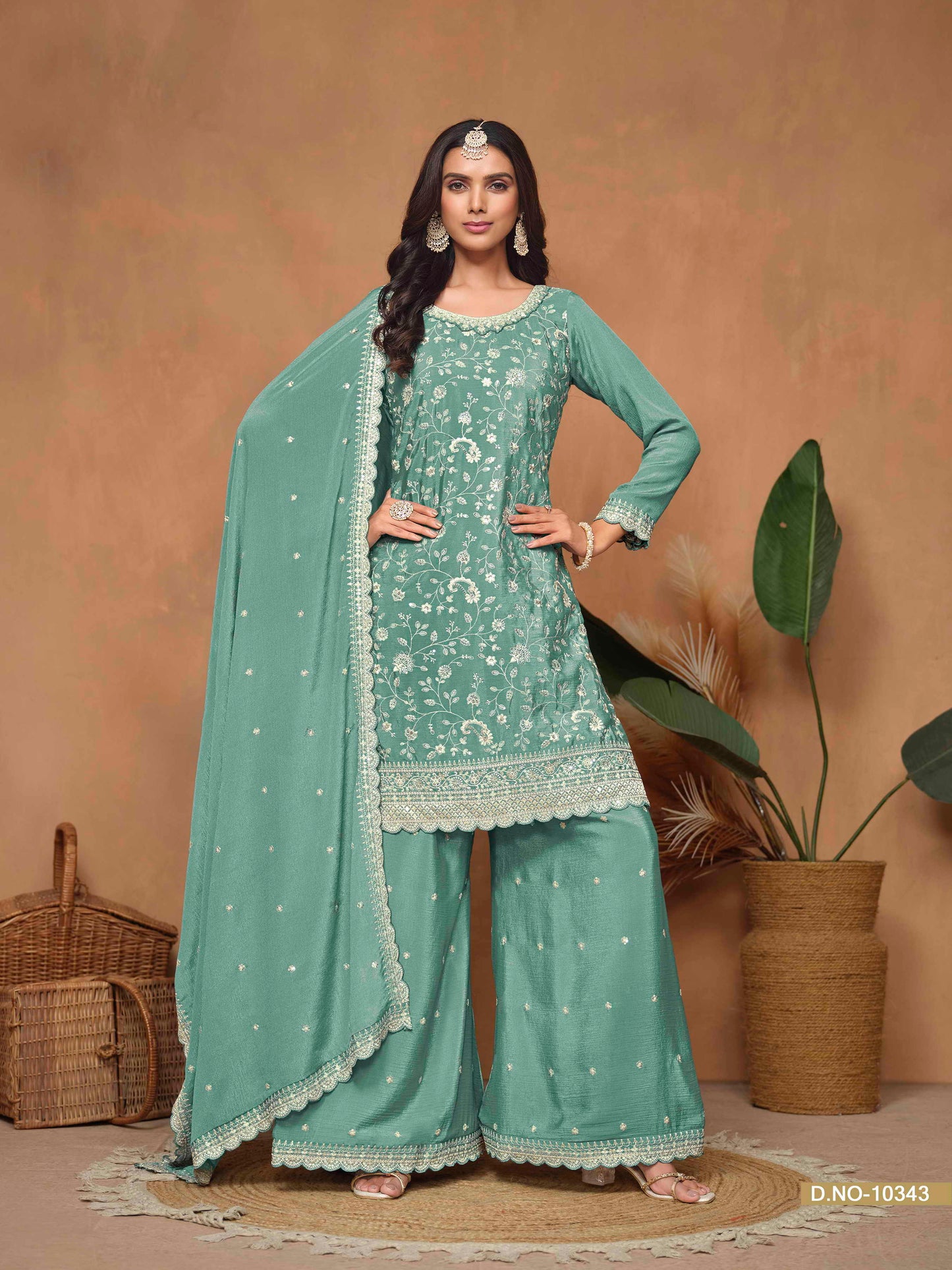 Embroidered Chinon Palazzo Suit with Sequins Dupatta