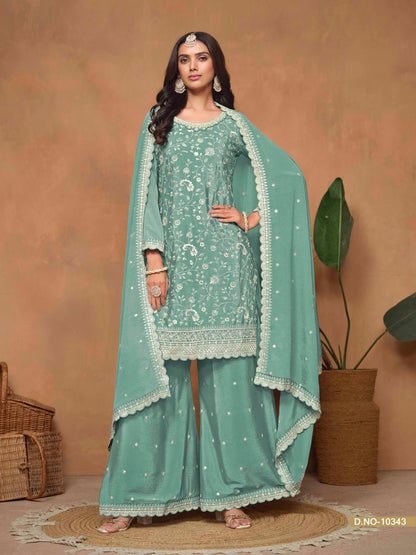 Embroidered Chinon Palazzo Suit with Sequins Dupatta