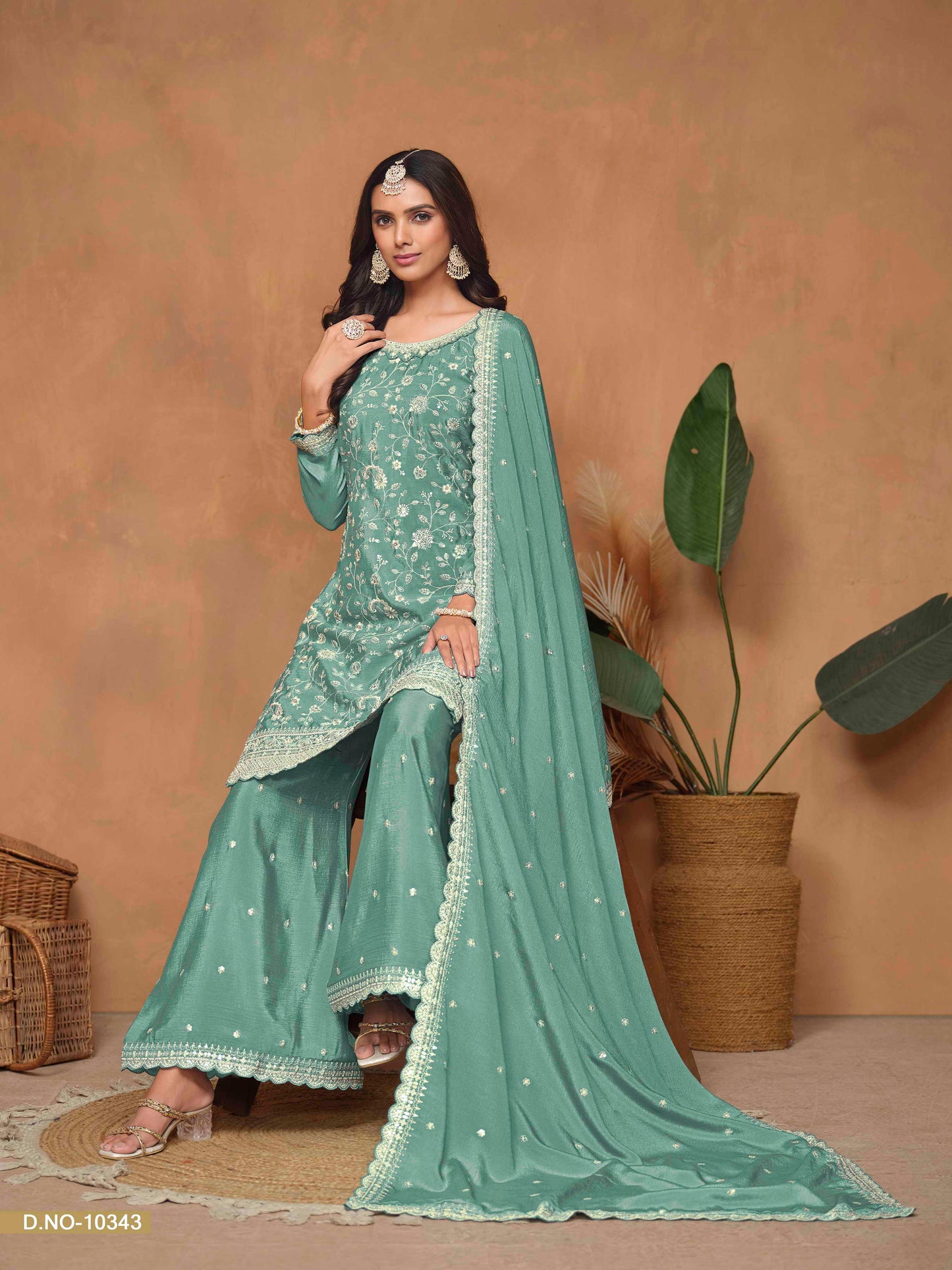 Embroidered Chinon Palazzo Suit with Sequins Dupatta