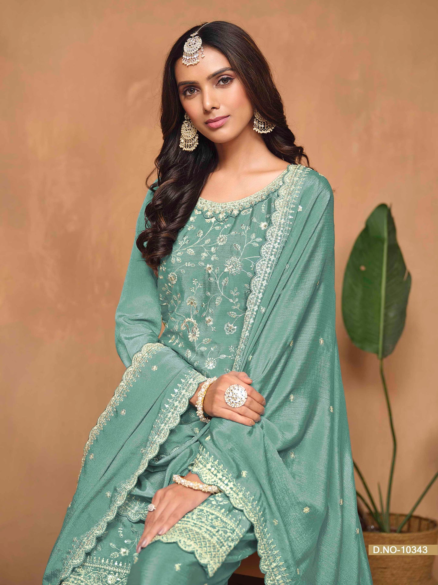 Embroidered Chinon Palazzo Suit with Sequins Dupatta